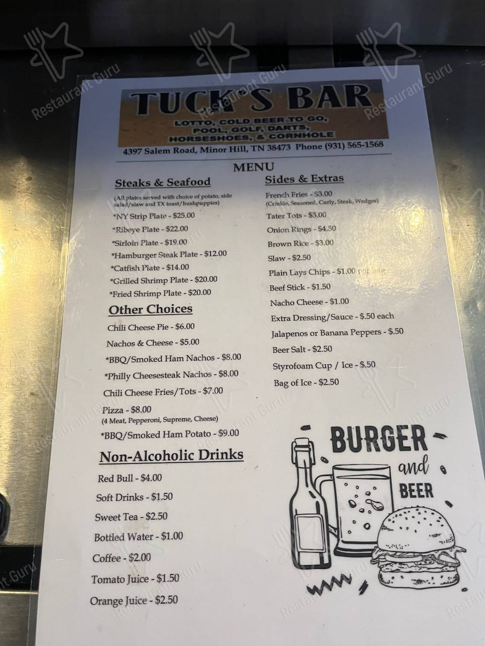 Menu at Tuck's Bar, Minor Hill
