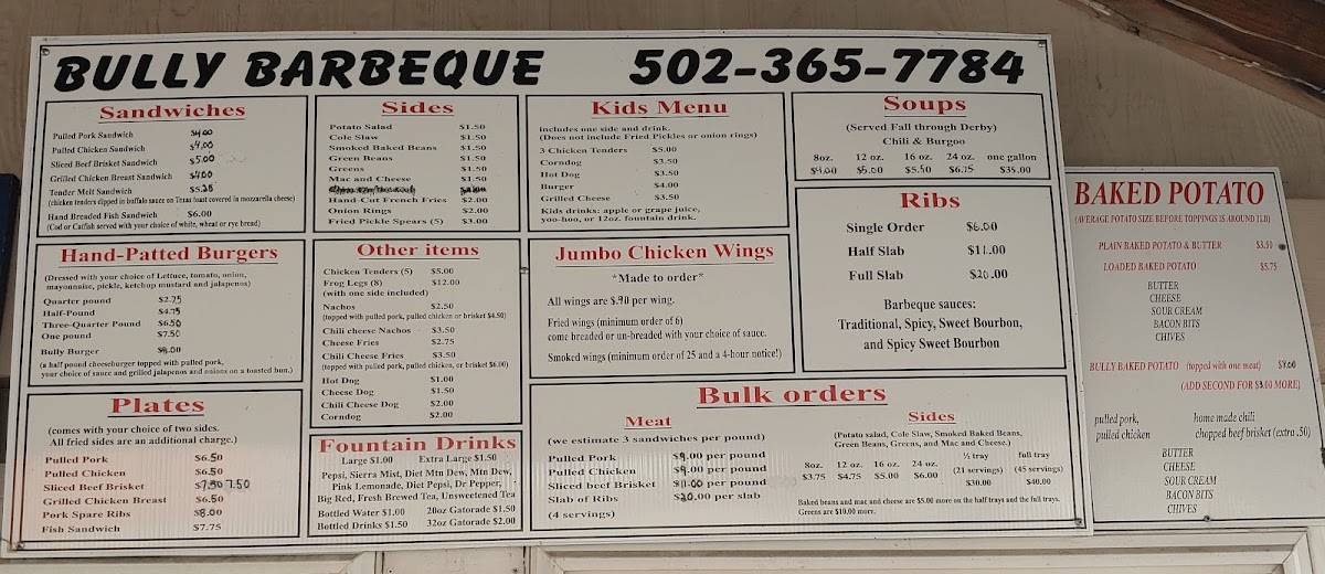 Menu at Bully Barbeque, La Grange, W U.S. Hwy 42