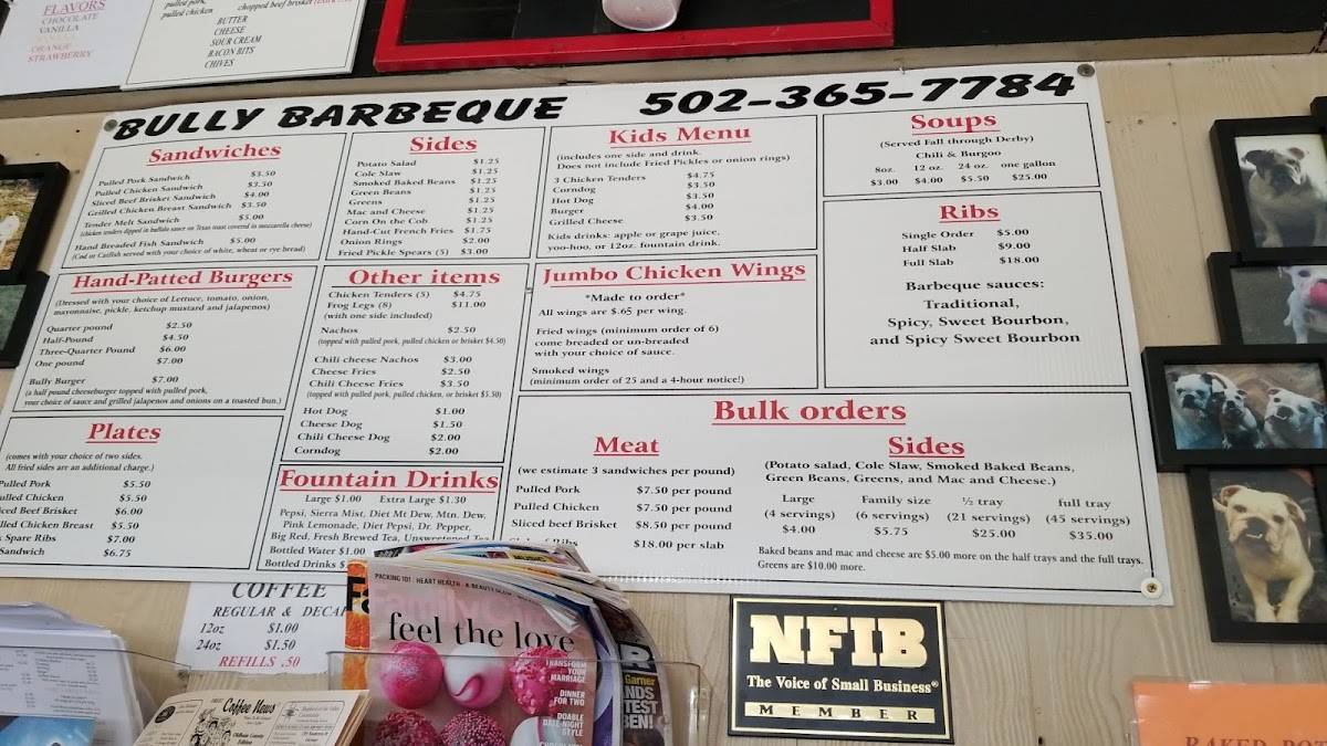 Menu at Bully Barbeque, La Grange, W U.S. Hwy 42