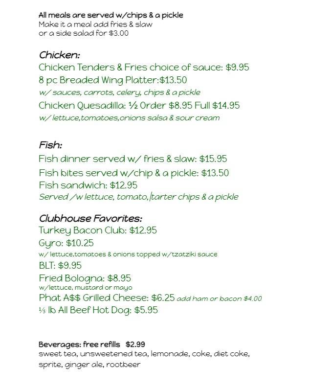 Menu at Clubhouse Brady Lake, Kent