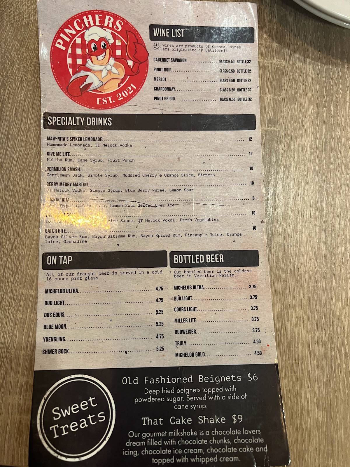 Menu at Pinchers restaurant, Maurice