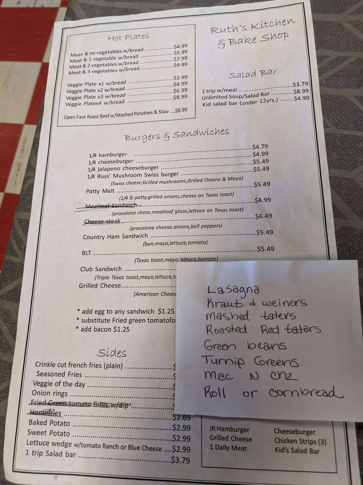 Menu at Ruth's Kitchen restaurant, Shelbyville, 1604 Madison St