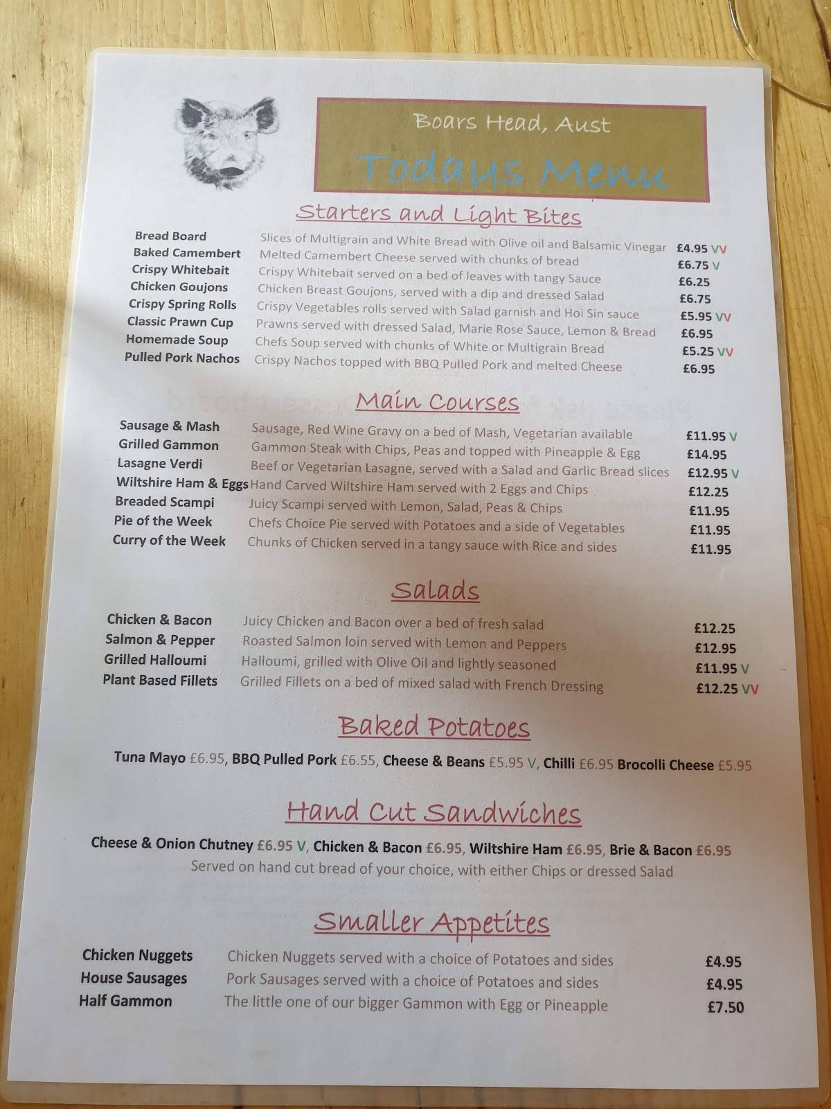 Menu at Boar's Head, Aust pub & bar, Bristol, Main Road