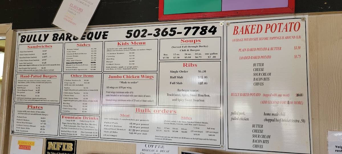 Menu at Bully Barbeque, La Grange, W U.S. Hwy 42