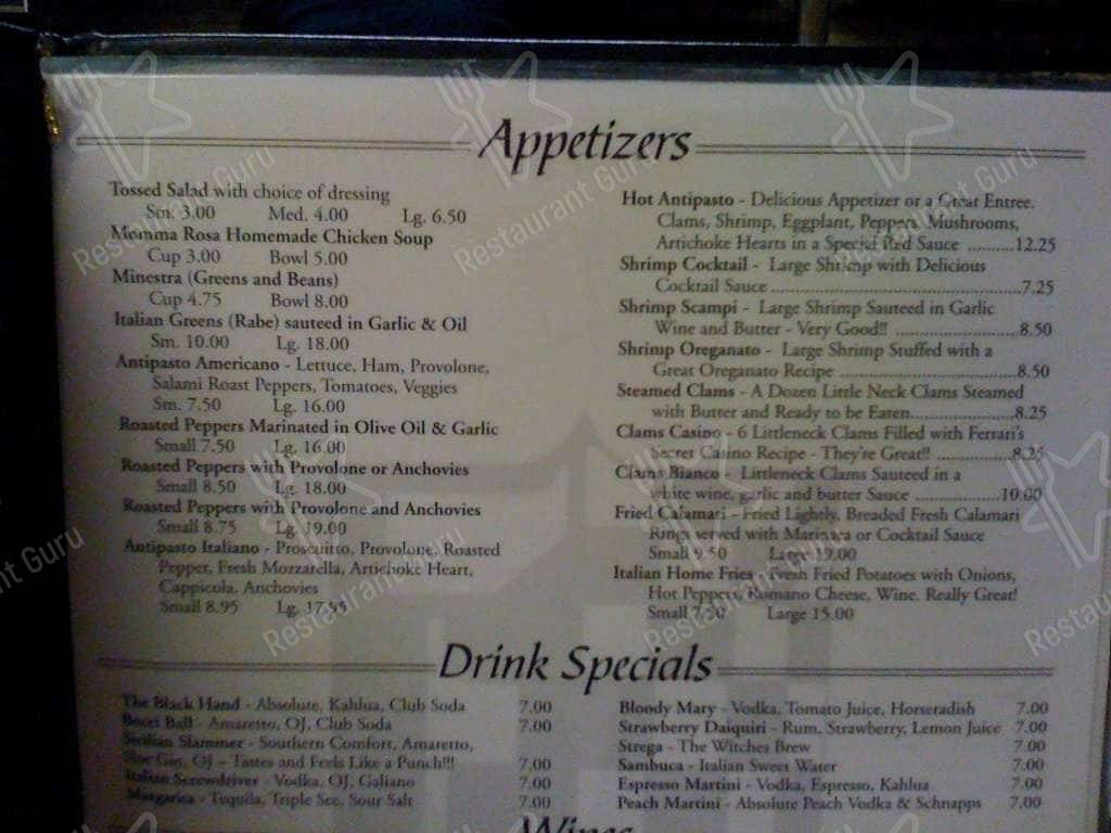 Menu at Ferrari's Ristorante restaurant, Schenectady