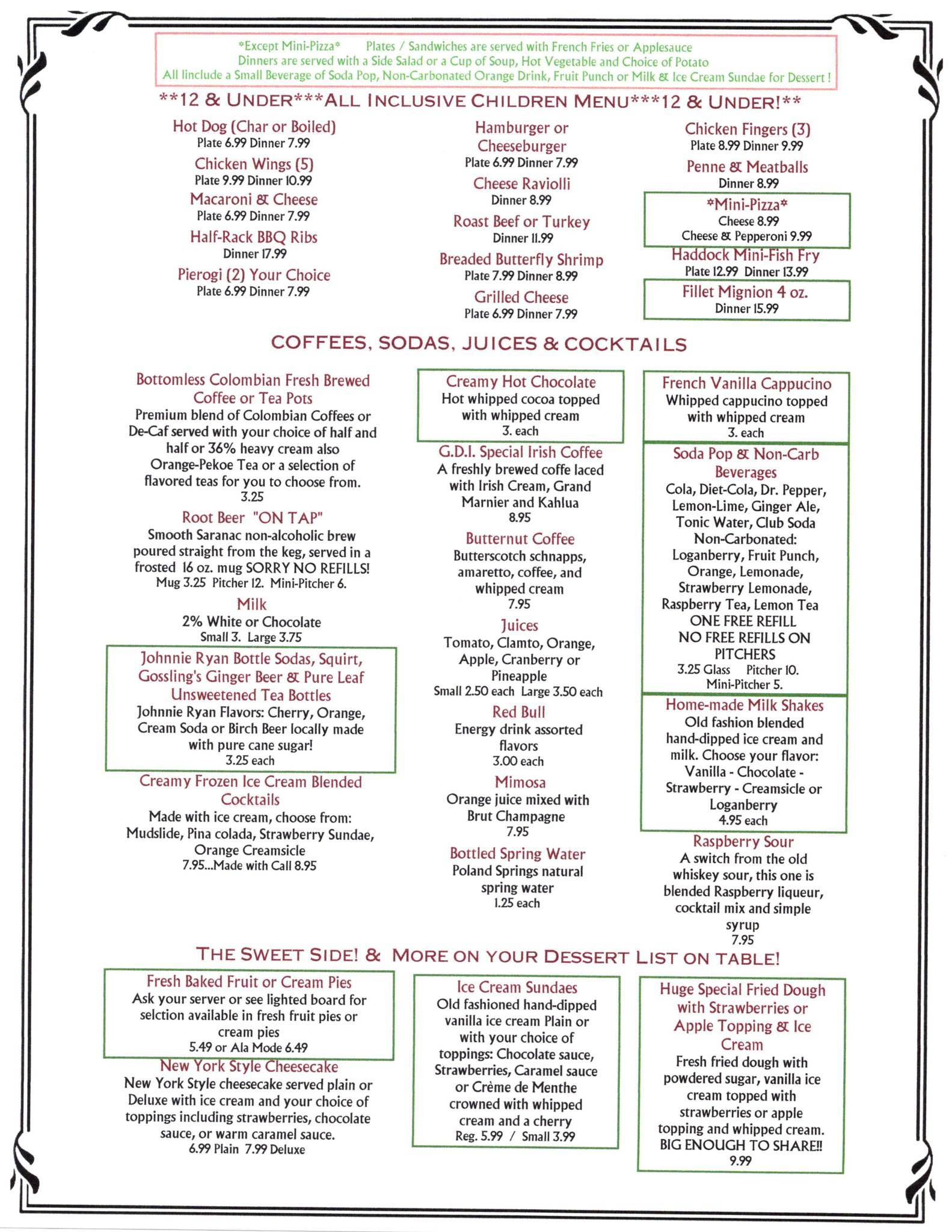 Menu at GDI Countryside Inn restaurant, Alden, Sandridge Rd
