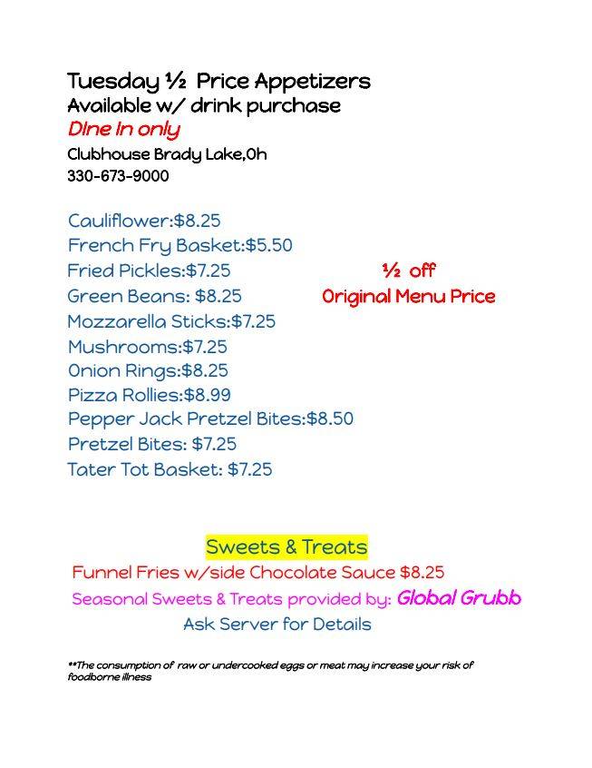 Menu at Clubhouse Brady Lake, Kent