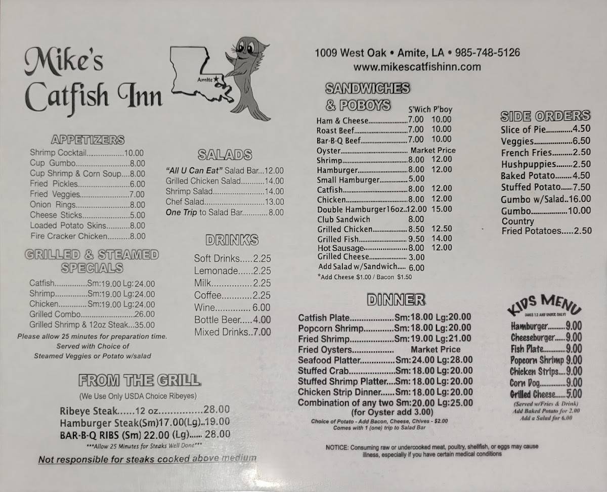 Menu at Mike's Catfish Inn restaurant, Amite City