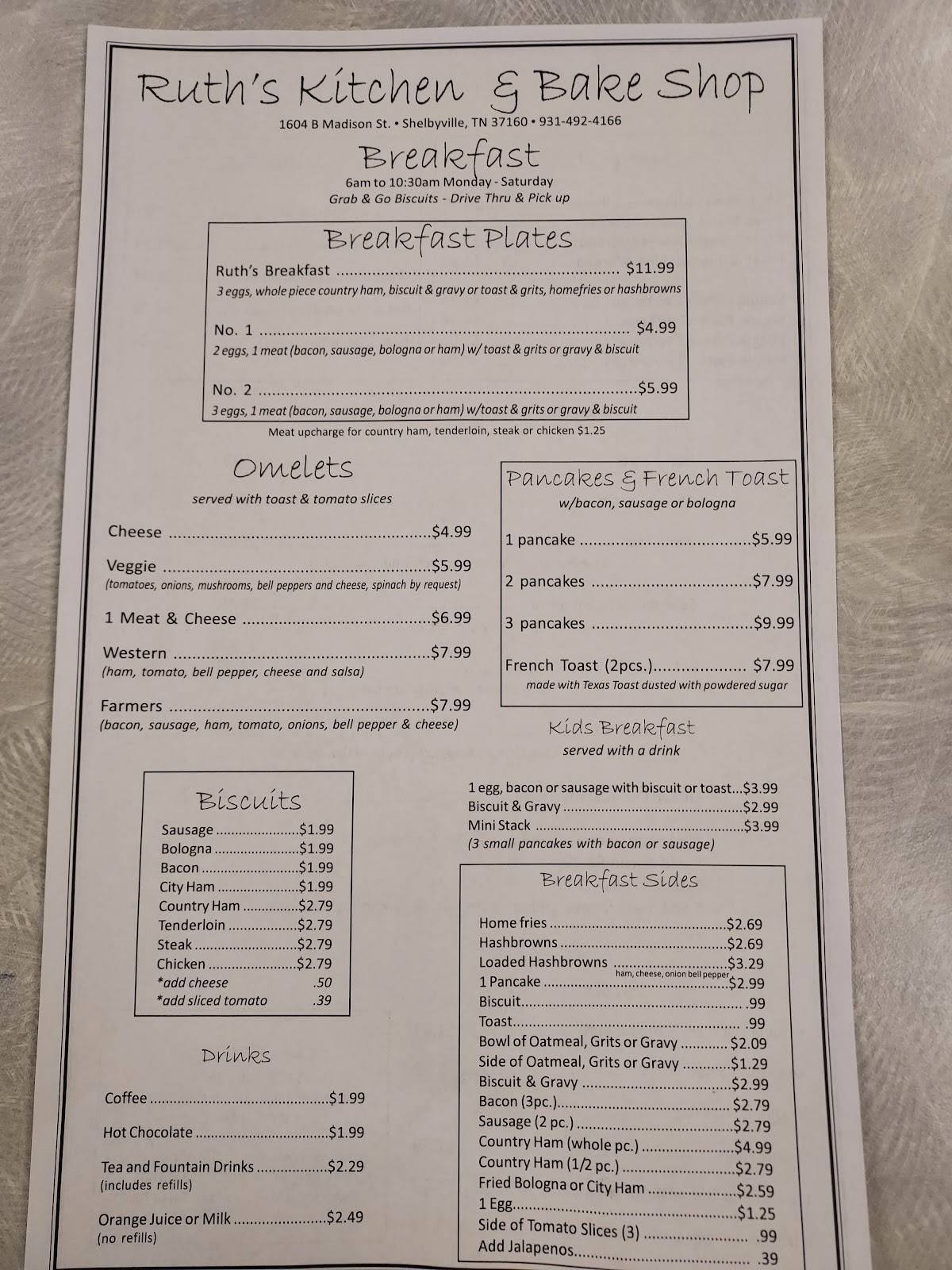 Menu at Ruth's Kitchen restaurant, Shelbyville, 1604 Madison St