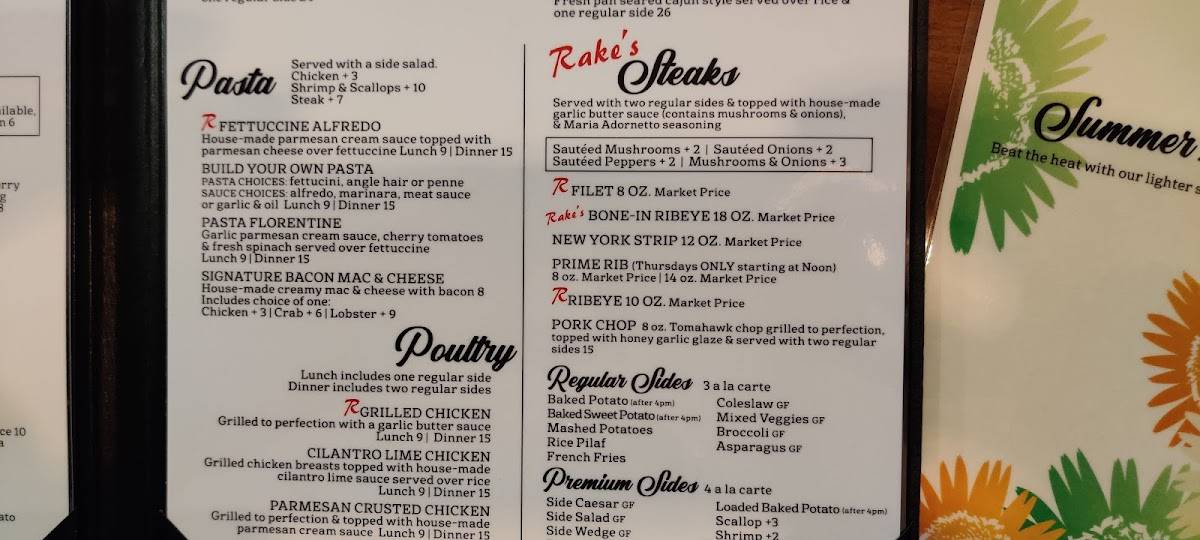 Menu at Rake's Place steakhouse, Zanesville