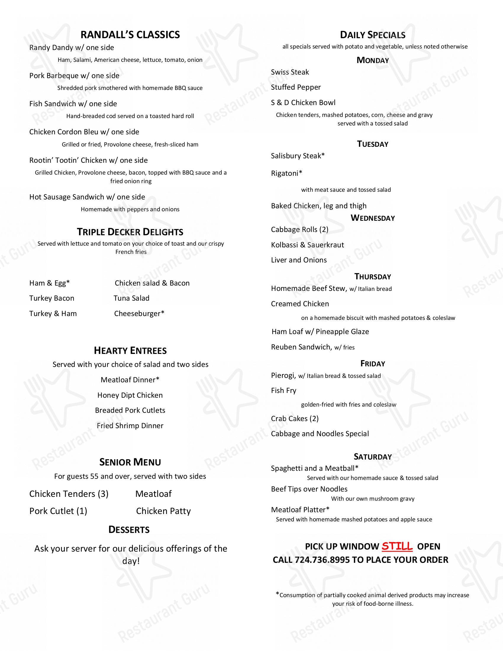 Menu at Randall's Restaurant, Perryopolis, Pittsburgh St