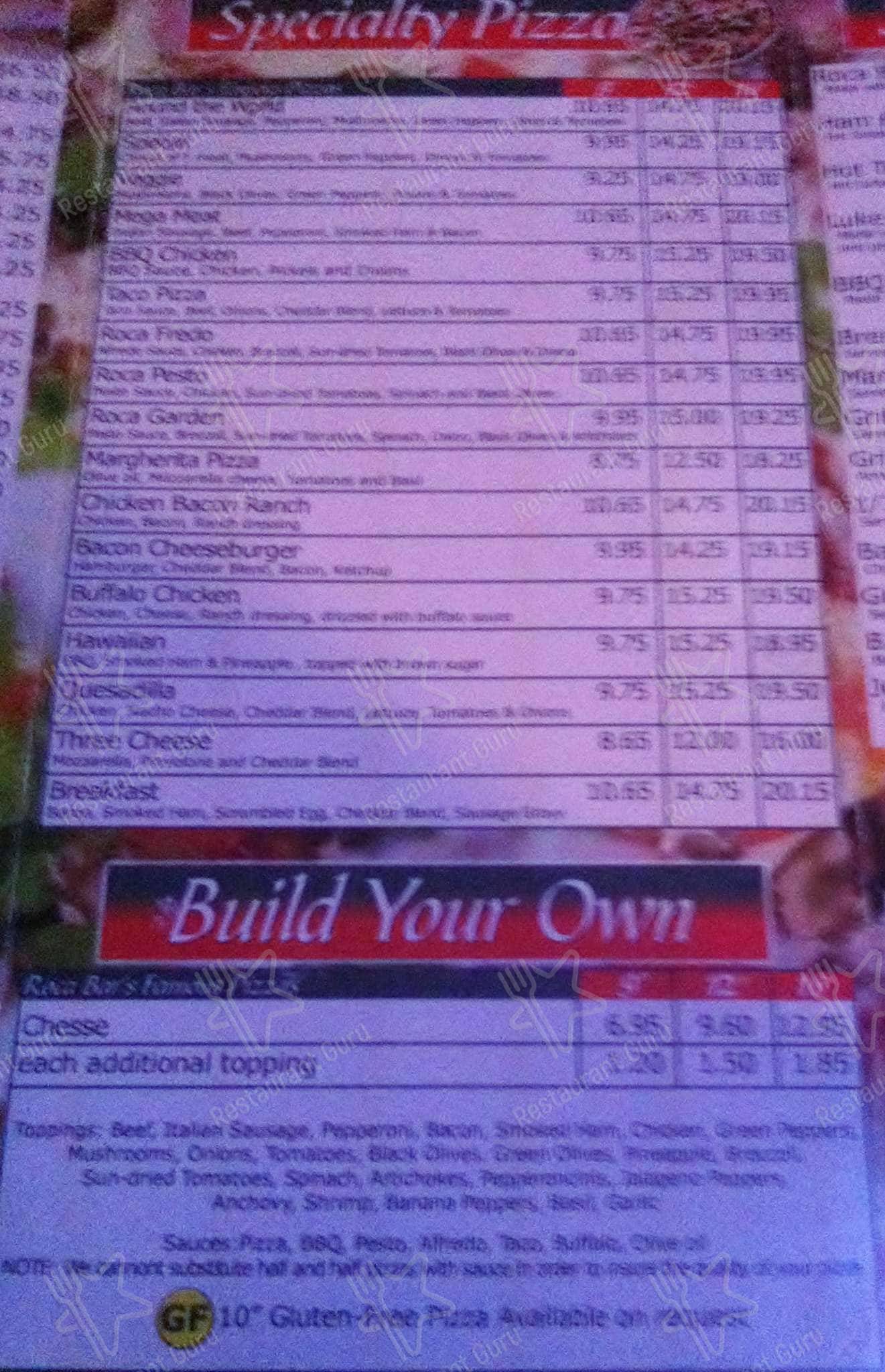Menu at Roca Bar, Evansville, Washington Avenue