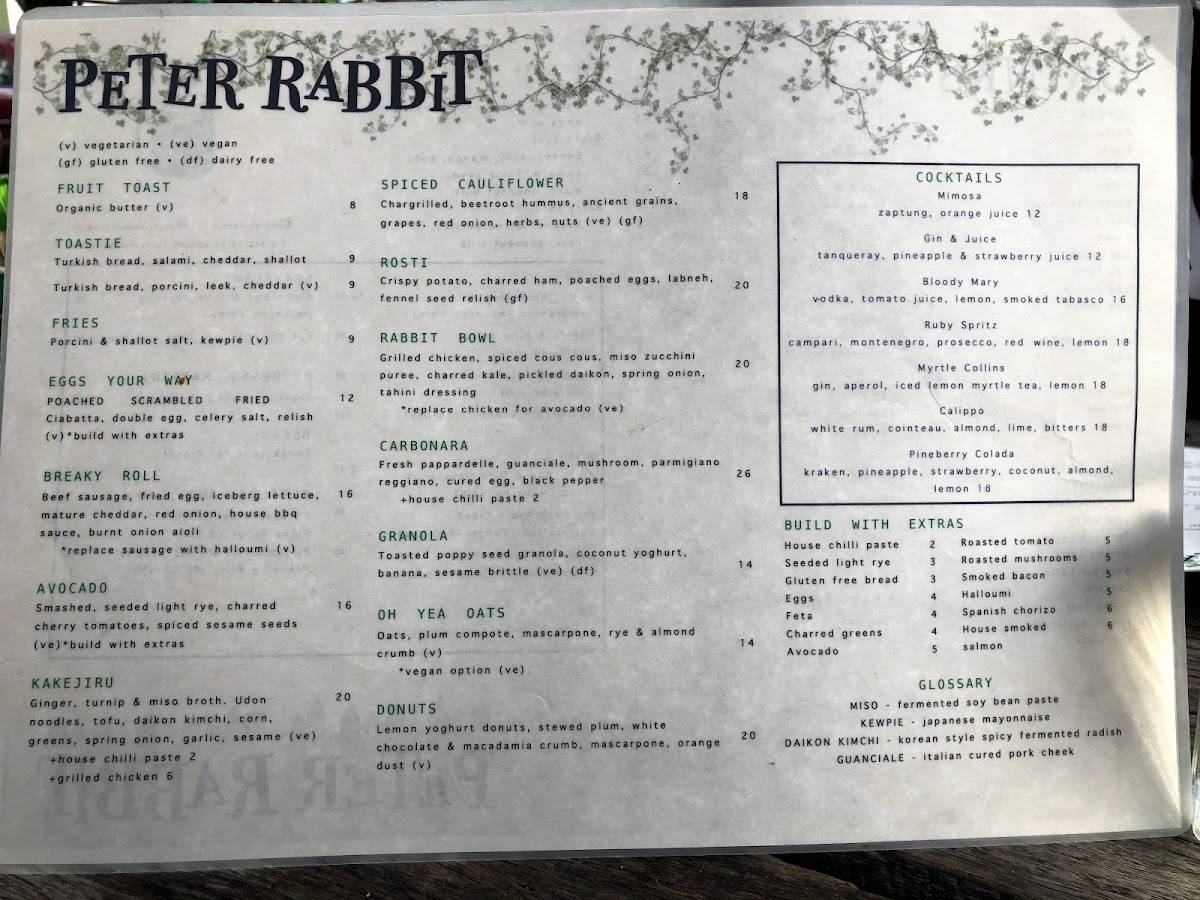Menu at Peter Rabbit Cafe, Adelaide