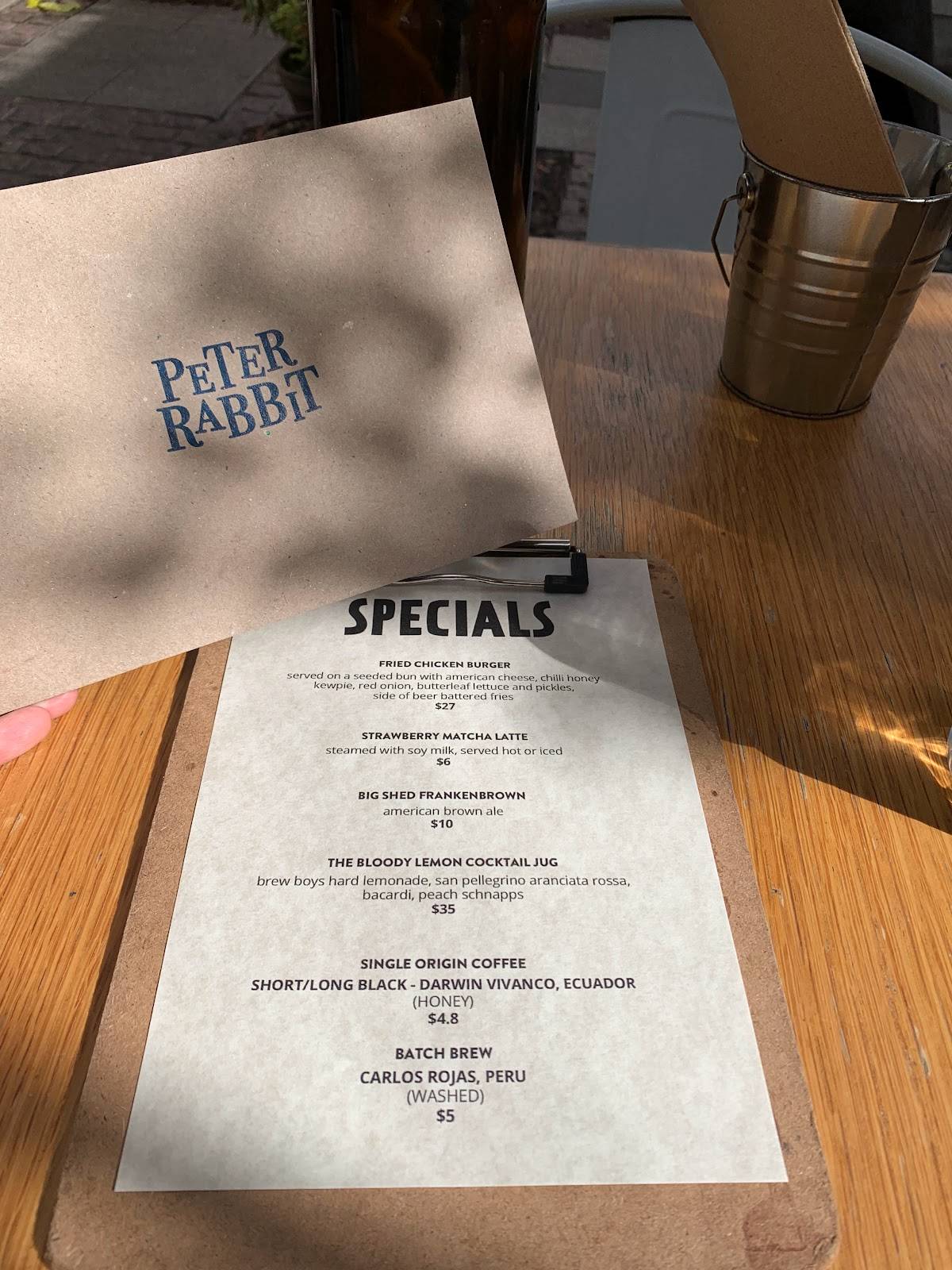 Menu at Peter Rabbit Cafe, Adelaide