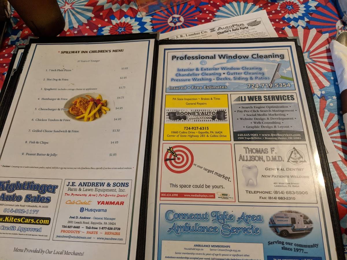 Menu at Spillway Inn restaurant, Linesville