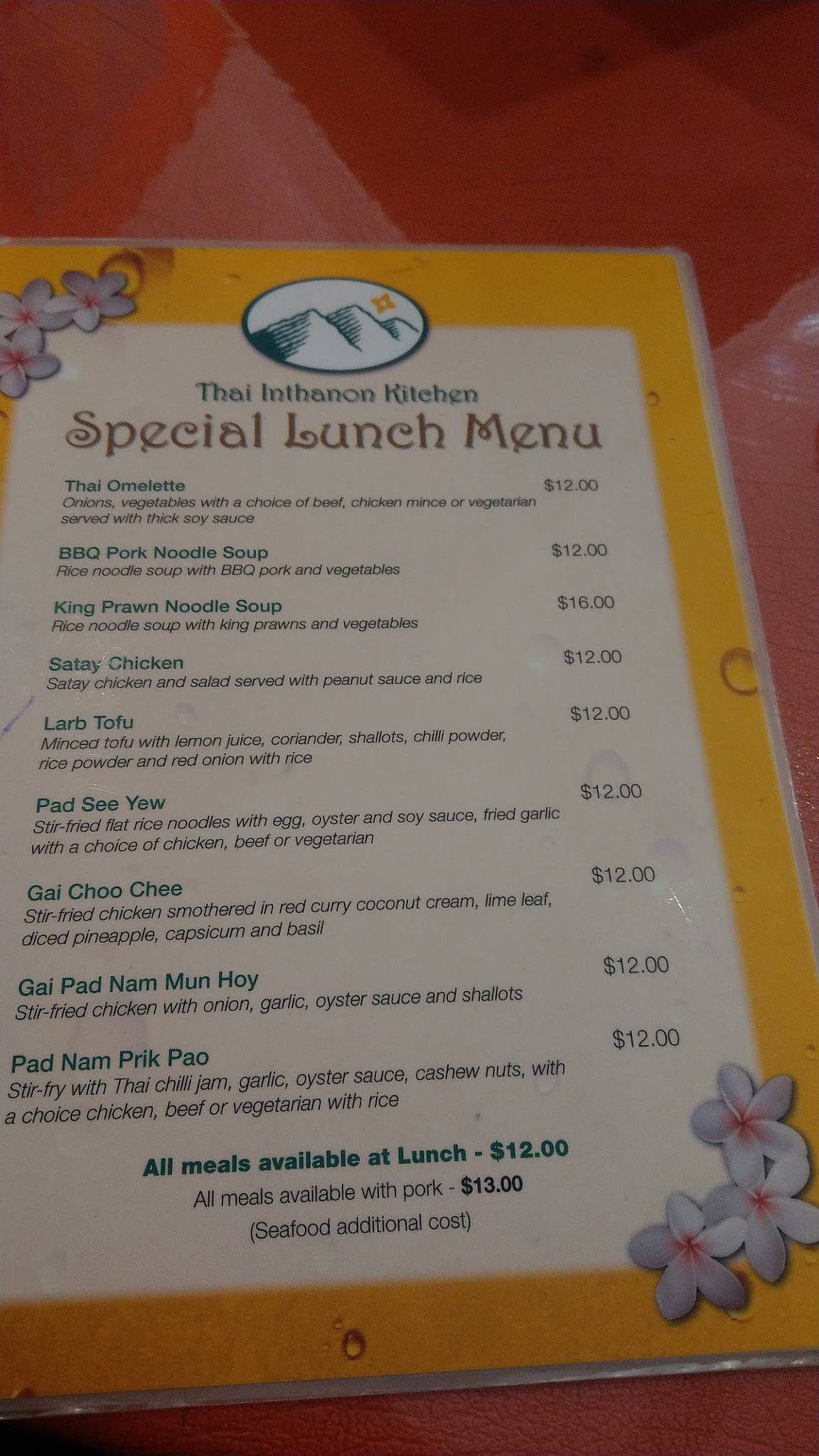 Menu at Thai Inthanon Kitchen restaurant, Coffs Harbour