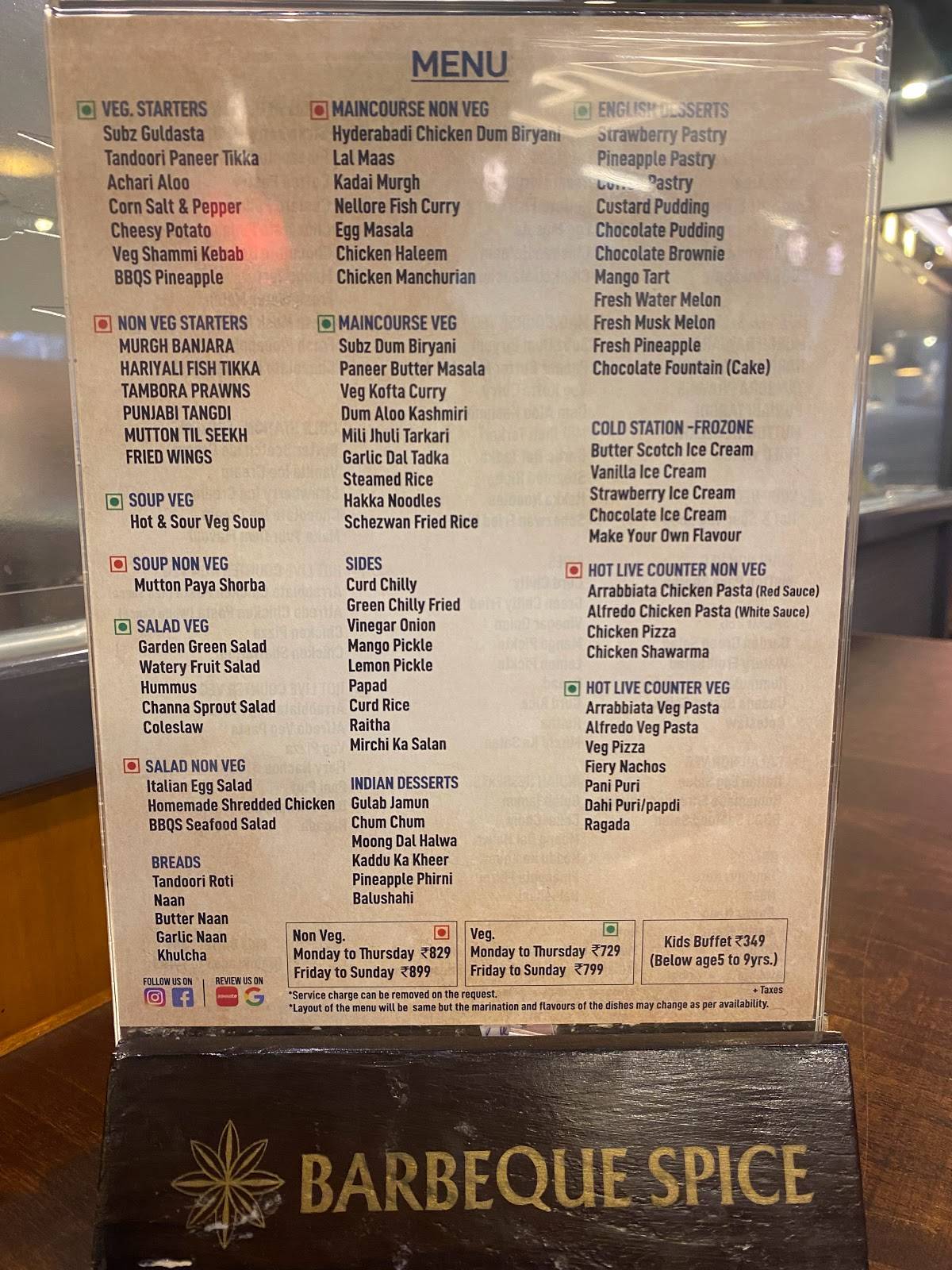 Menu at Barbeque Spice, Hyderabad