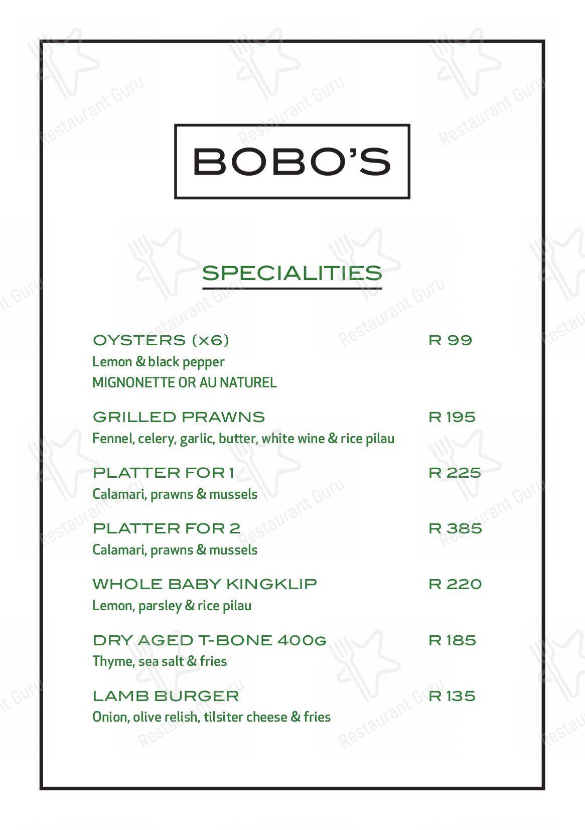 Menu at Bobo's restaurant, Cape Town
