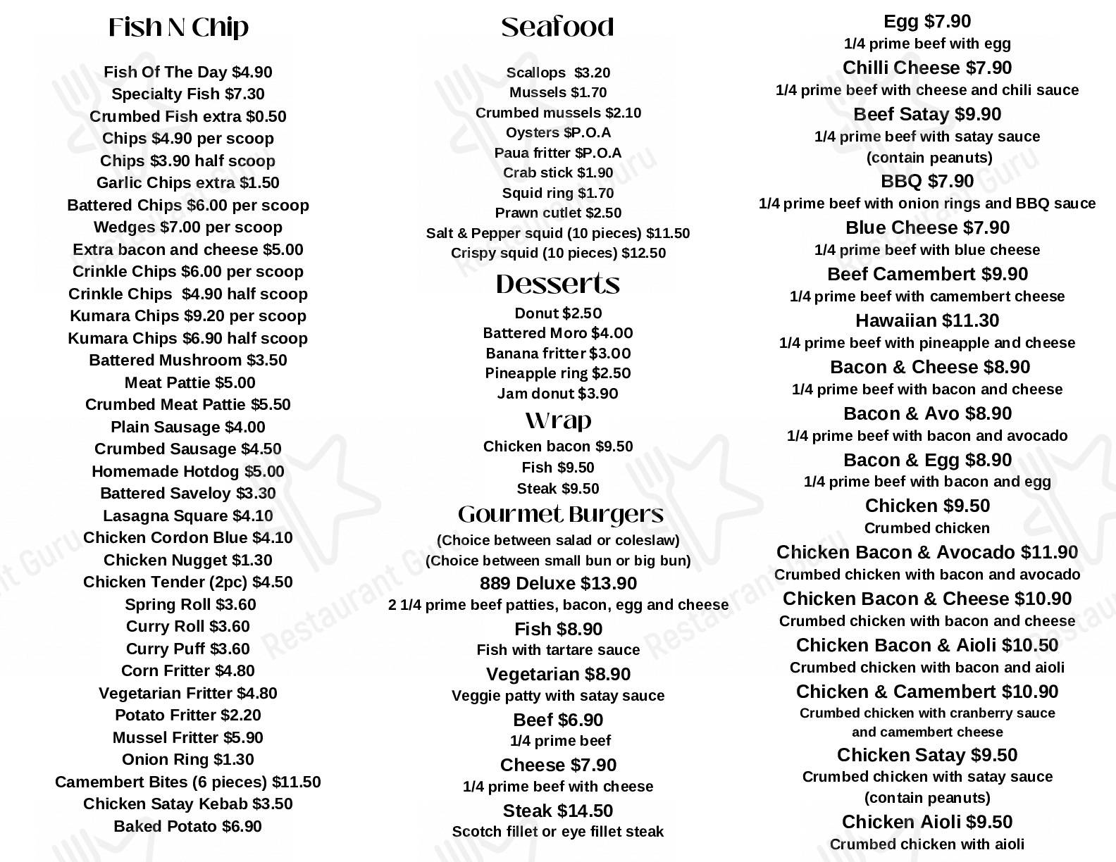 Menu at Double 8 Nine restaurant, Palmerston North