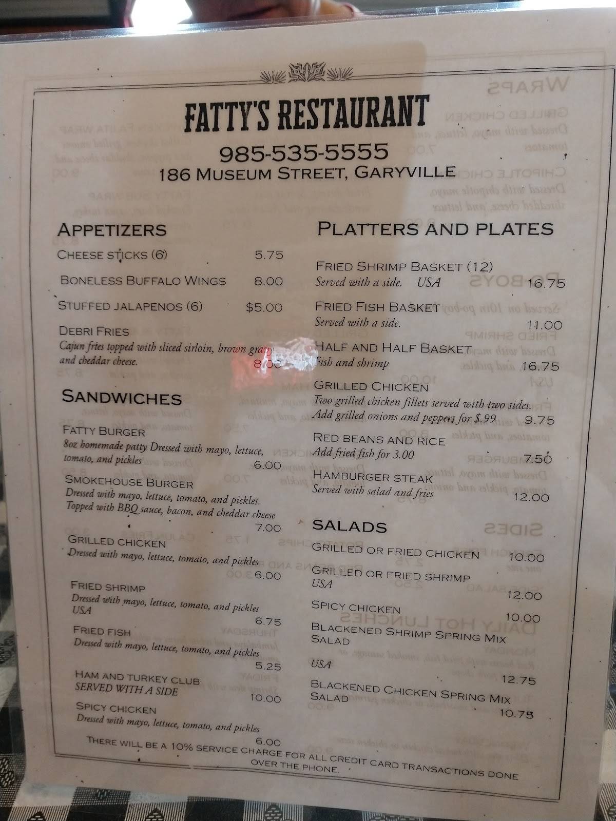Menu at Fatty's Restaurant, Garyville