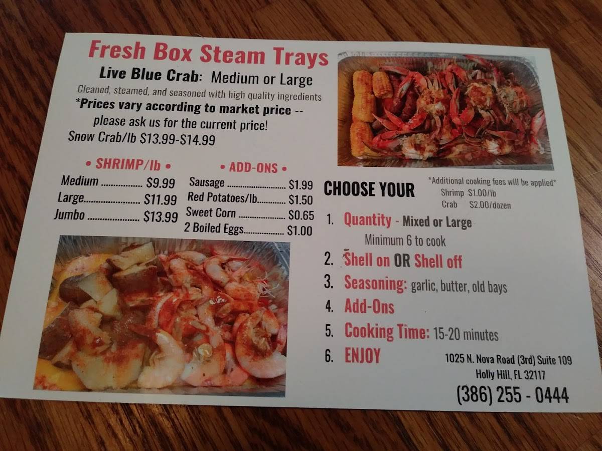 Menu at Fresh Box Seafood restaurant, Daytona Beach