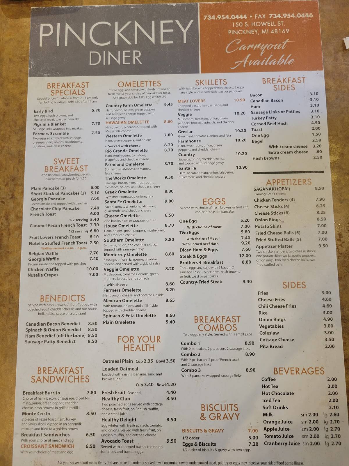 Menu at Pinckney Diner restaurant, Pinckney, 150 S Howell St