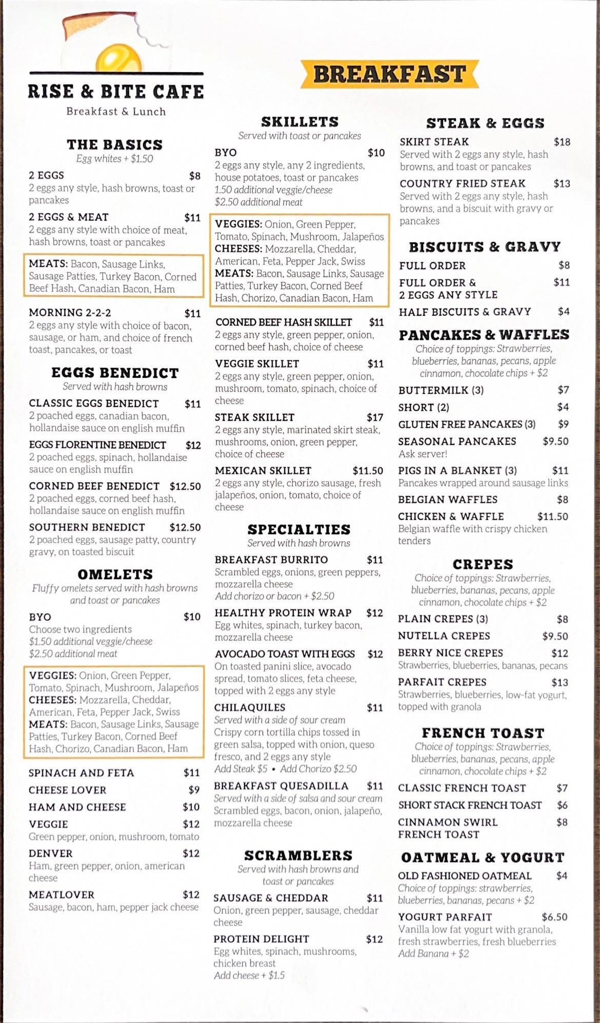 Menu at Rise & Bite Cafe, Naperville