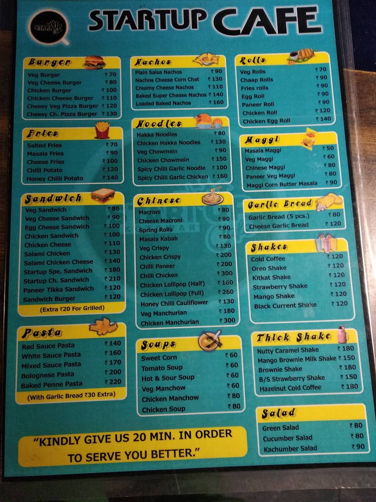 Menu at Startup Cafe and Bar, Kotdwara