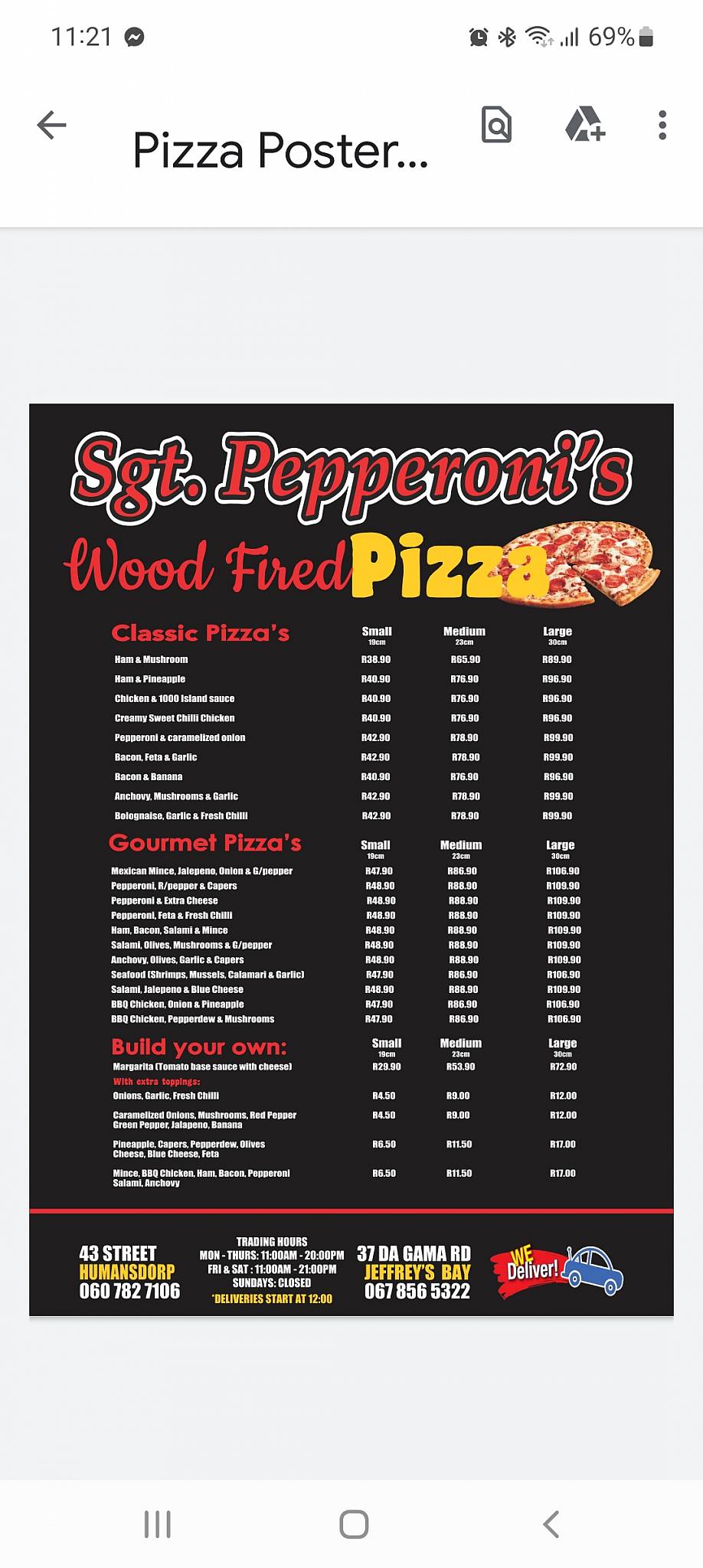Menu at Sgt. Pepperoni's Humansdorp pizzeria, Humansdorp