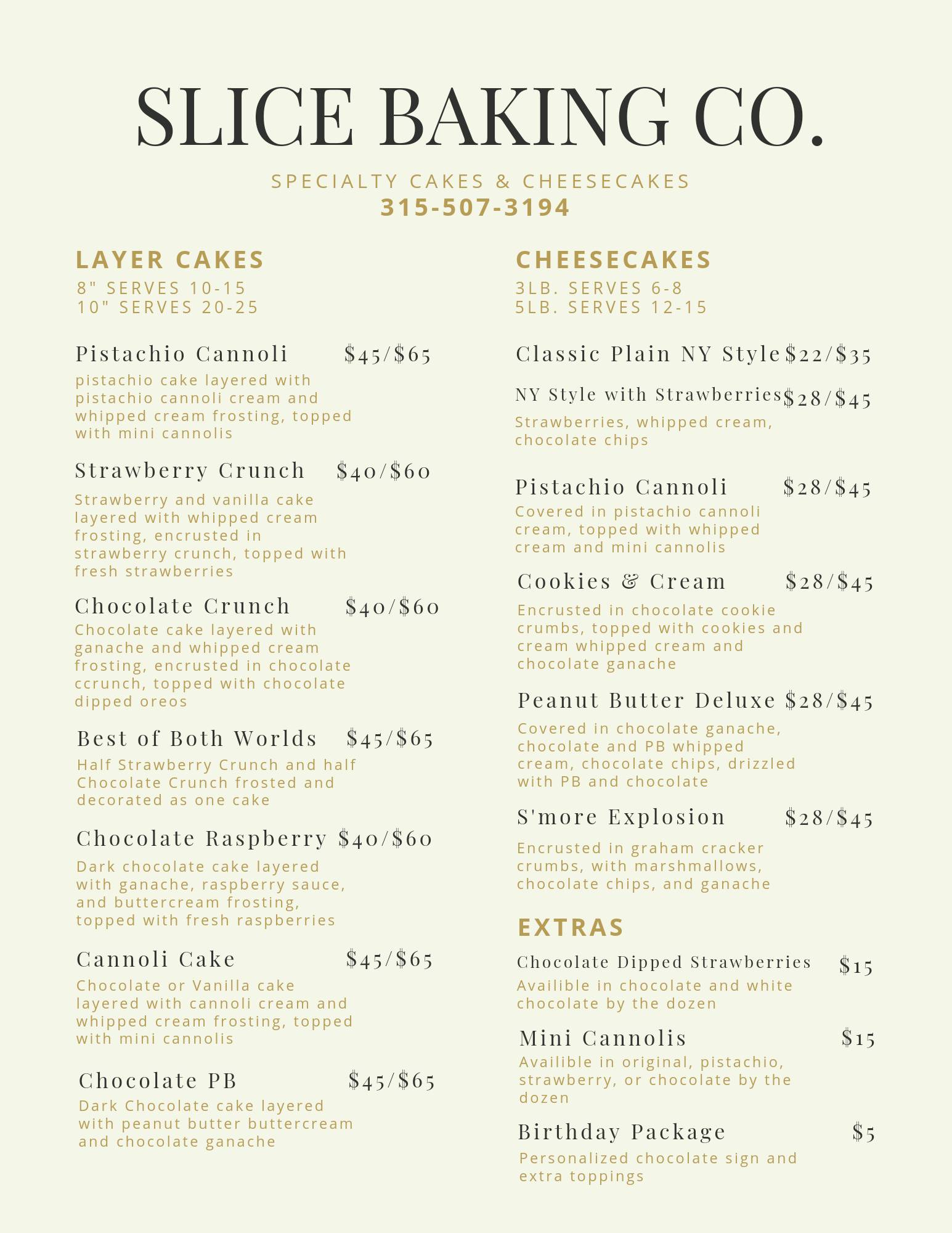 Menu at Slice Baking Co. desserts, Utica