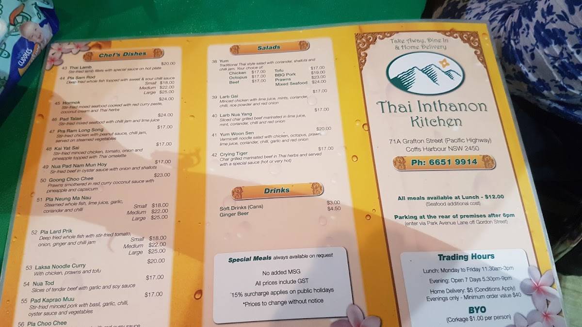 Menu at Thai Inthanon Kitchen restaurant, Coffs Harbour