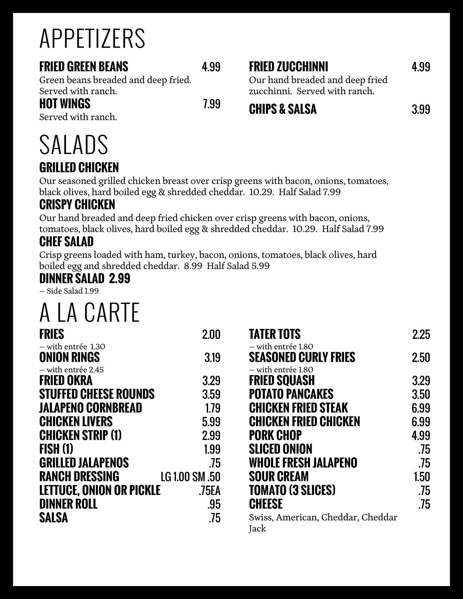 Menu at Tnt Cafe, Bonham