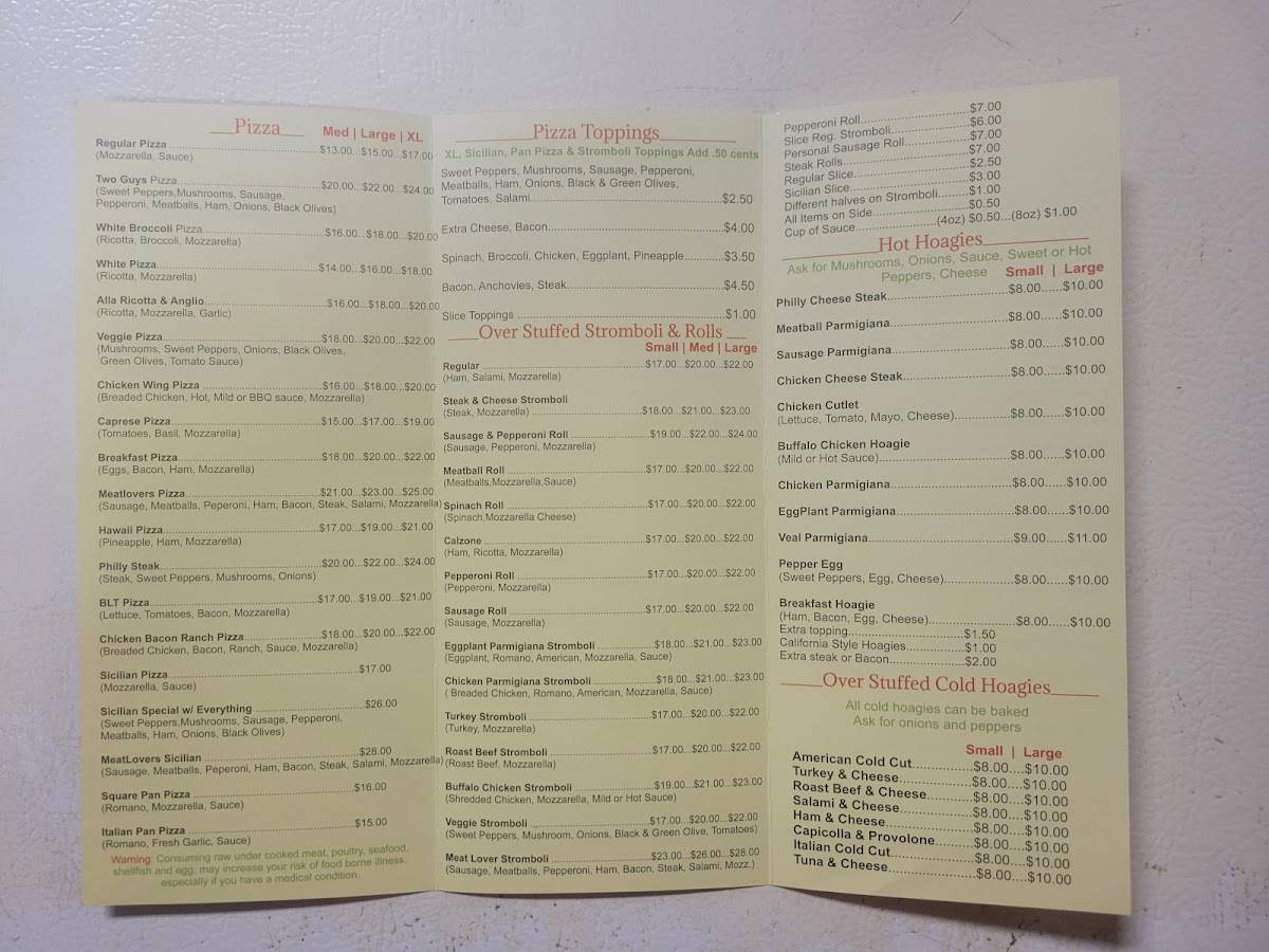 Menu at Two Italian Guys pizzeria, Hazleton
