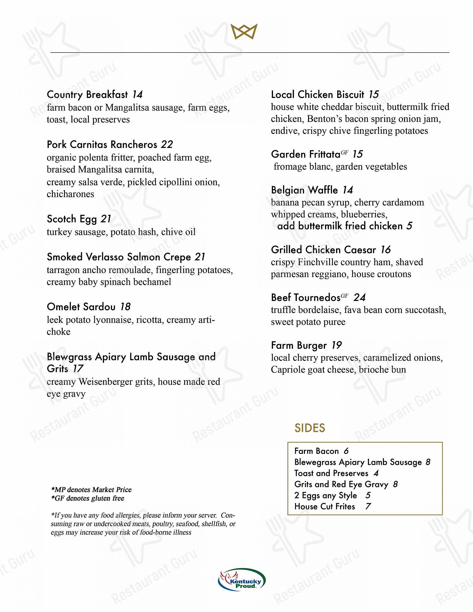 Menu at The Kentucky Castle restaurant, USA