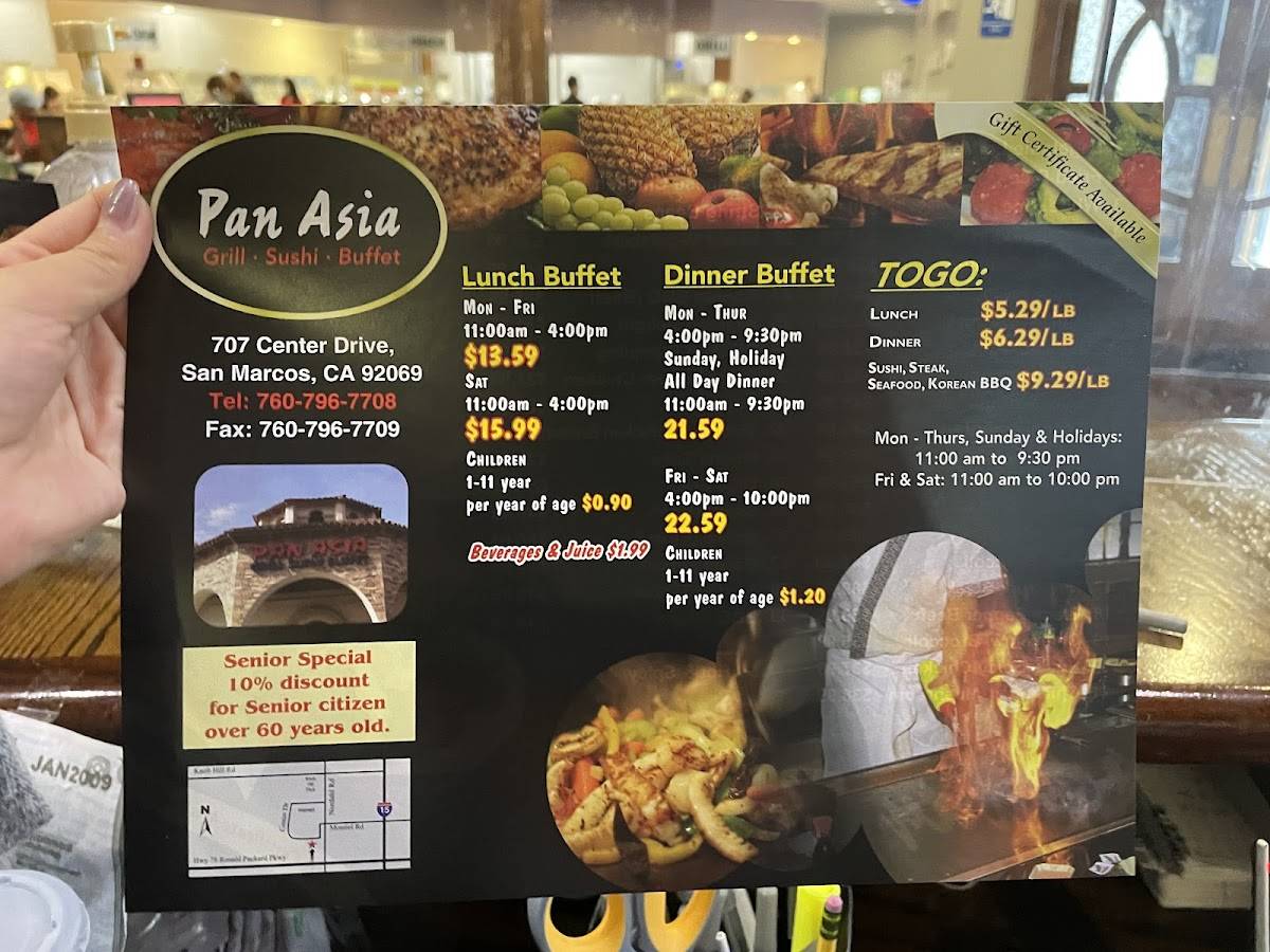 Menu at Pan Asia Buffet restaurant, San Marcos