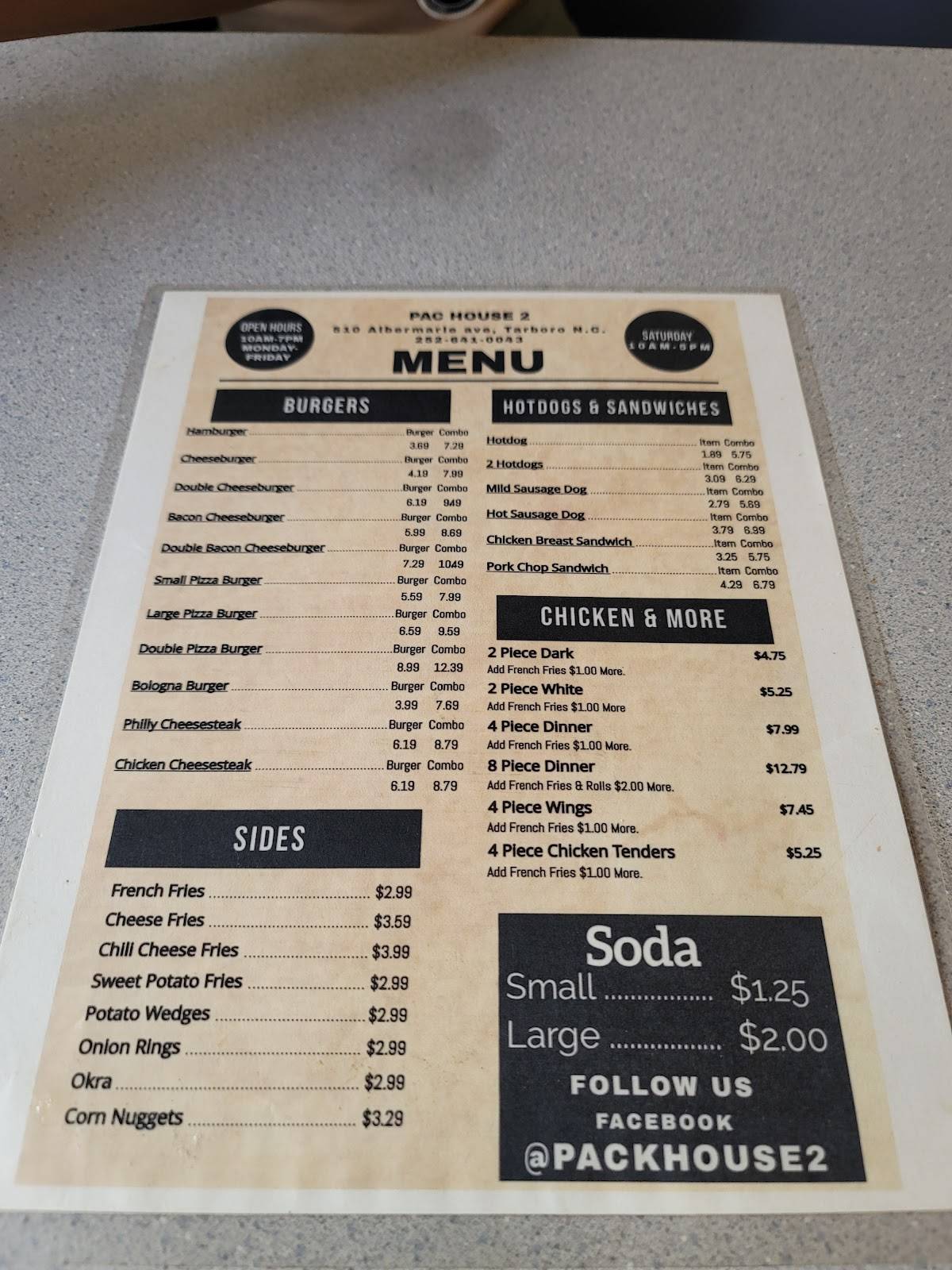 Menu at Pac House Grill 2 restaurant, Tarboro
