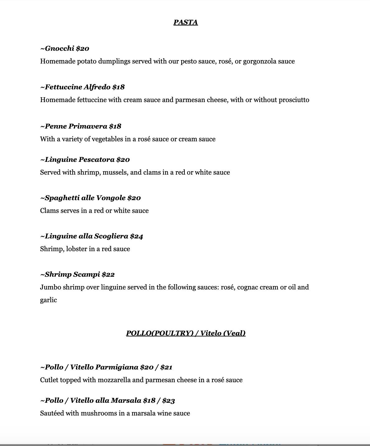 Menu at Ristorante Pesto restaurant, Philadelphia, S Broad St