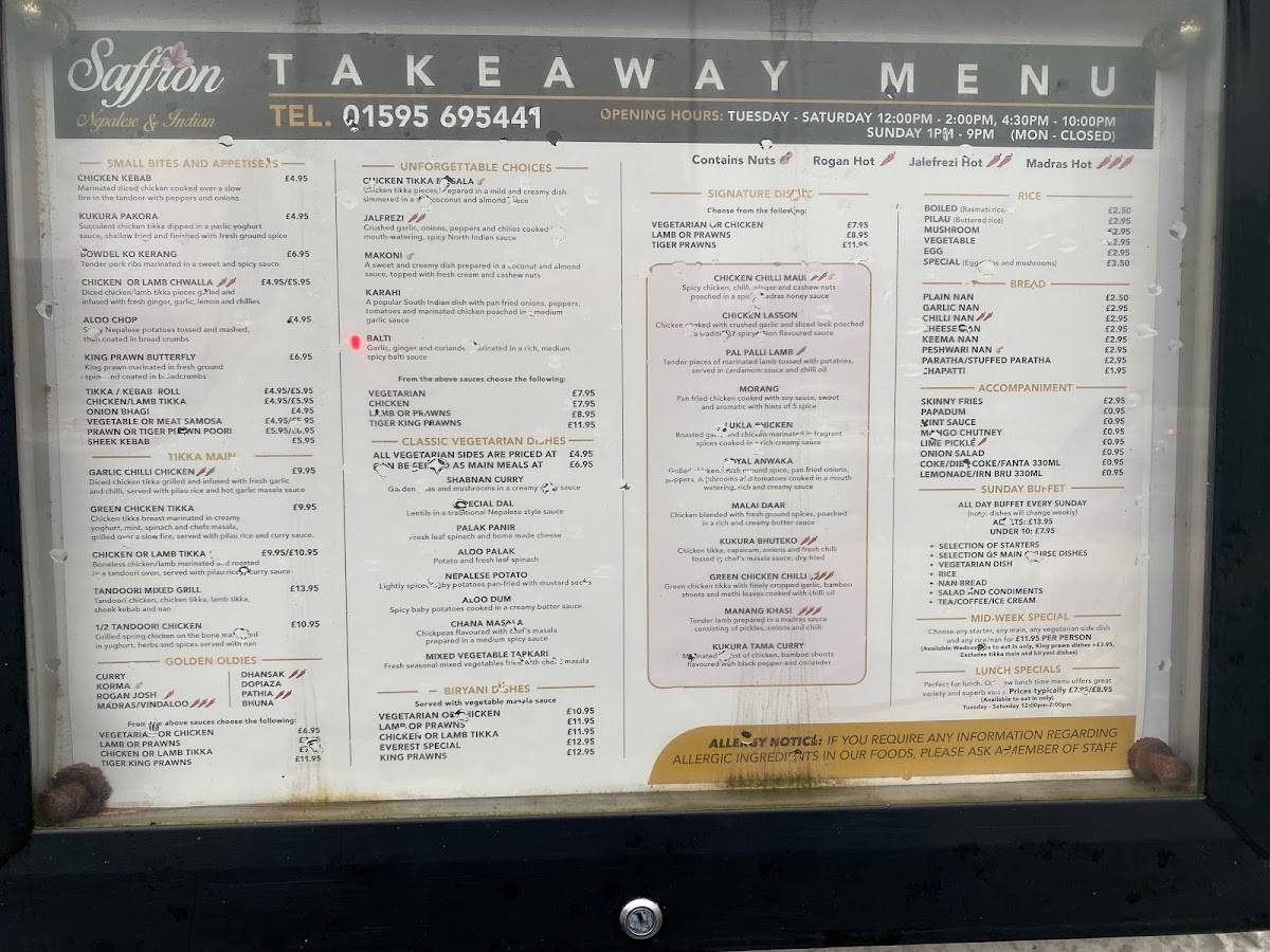 Menu at Saffron restaurant, Lerwick