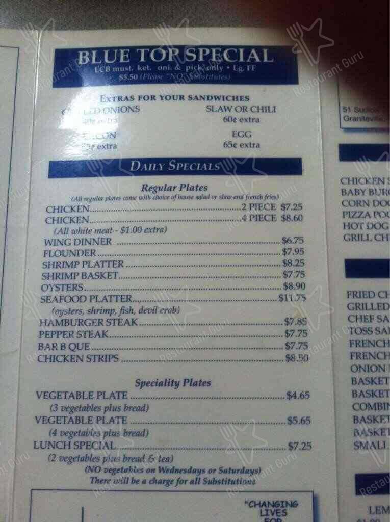 Menu at Blue Top Grill restaurant, Graniteville