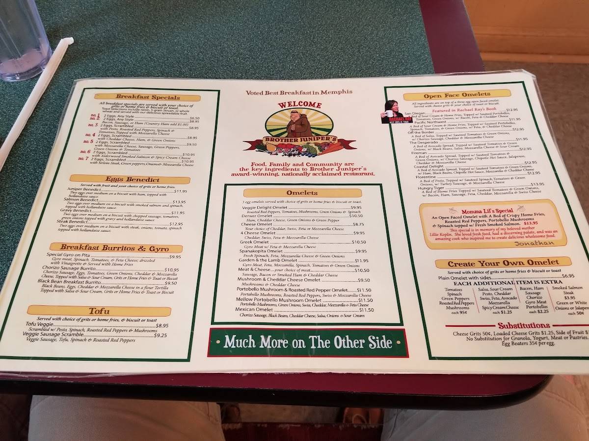Menu at Brother Juniper's restaurant, Memphis
