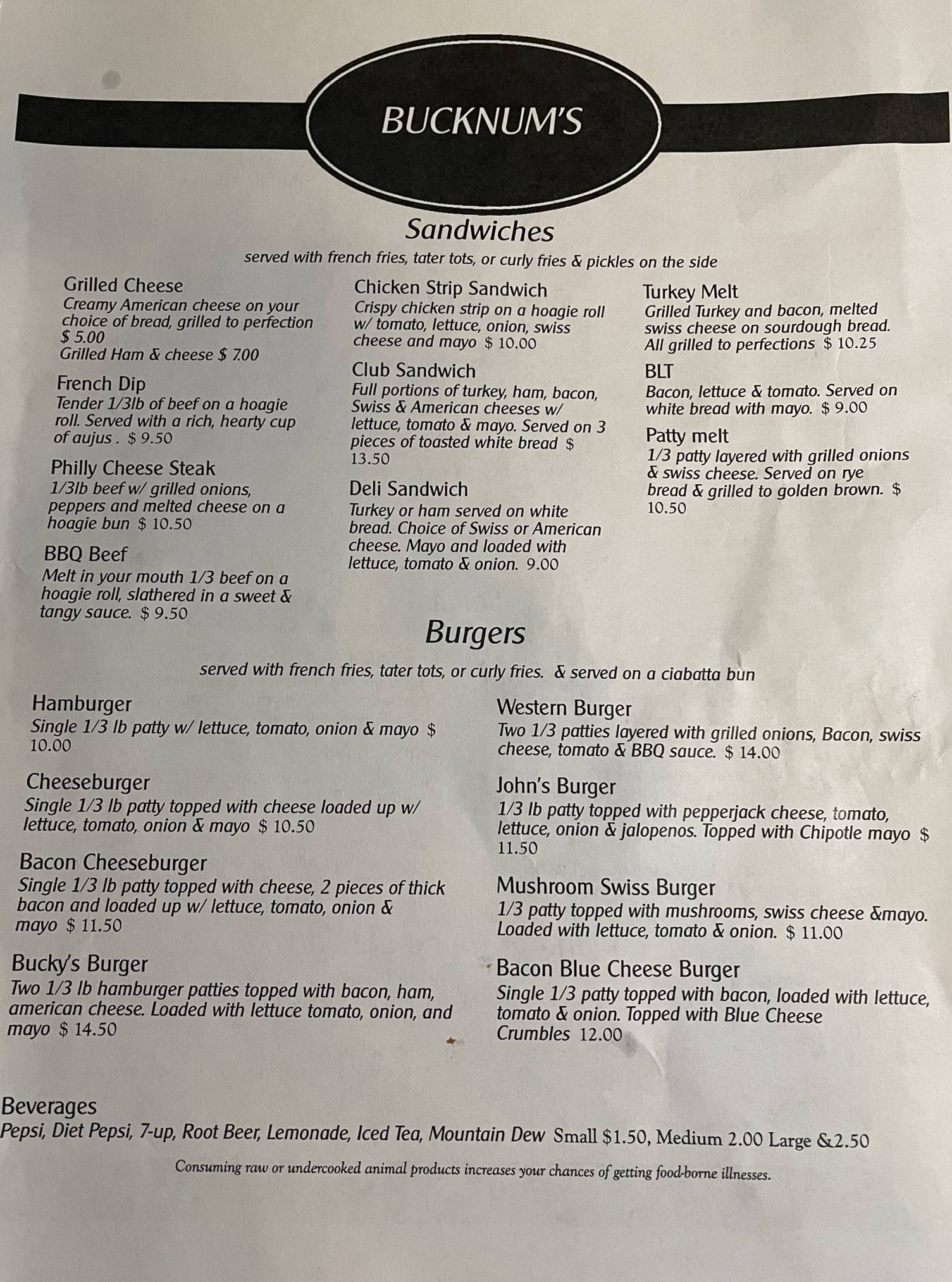 Menu at Bucknum's pub & bar, Heppner