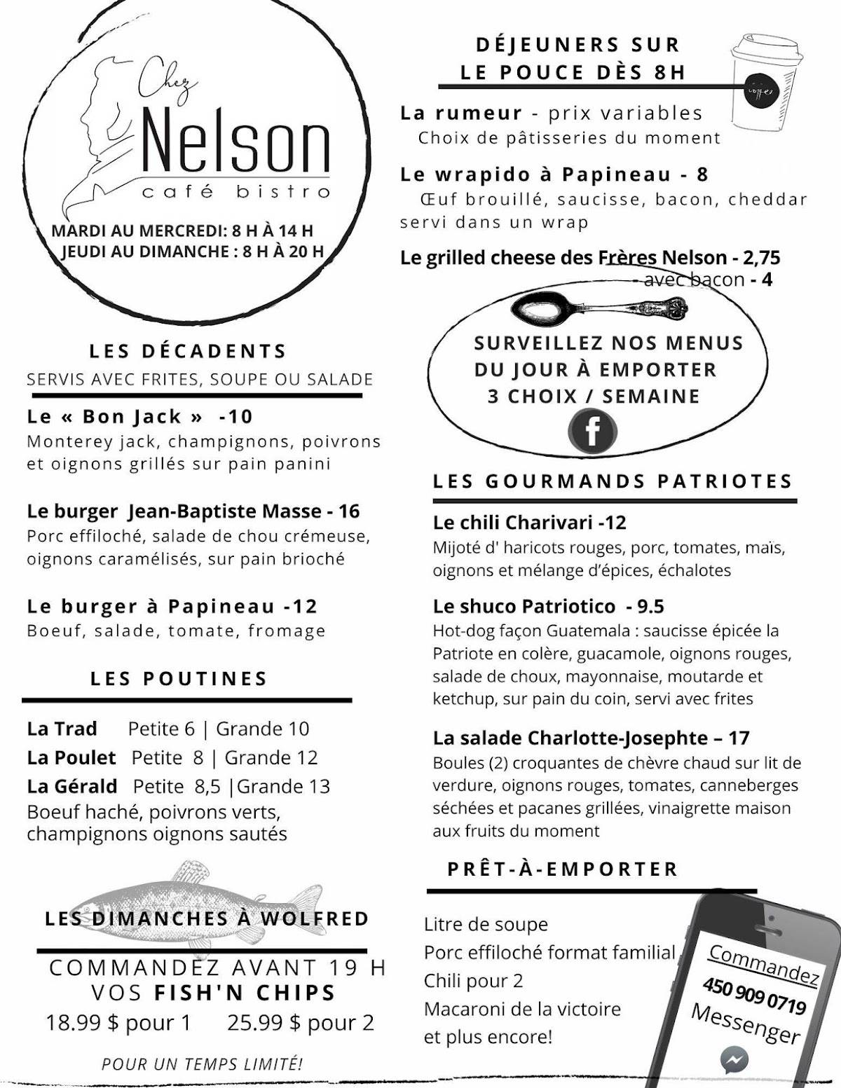 Menu au Chez Nelson restaurant, SaintDenissurRichelieu