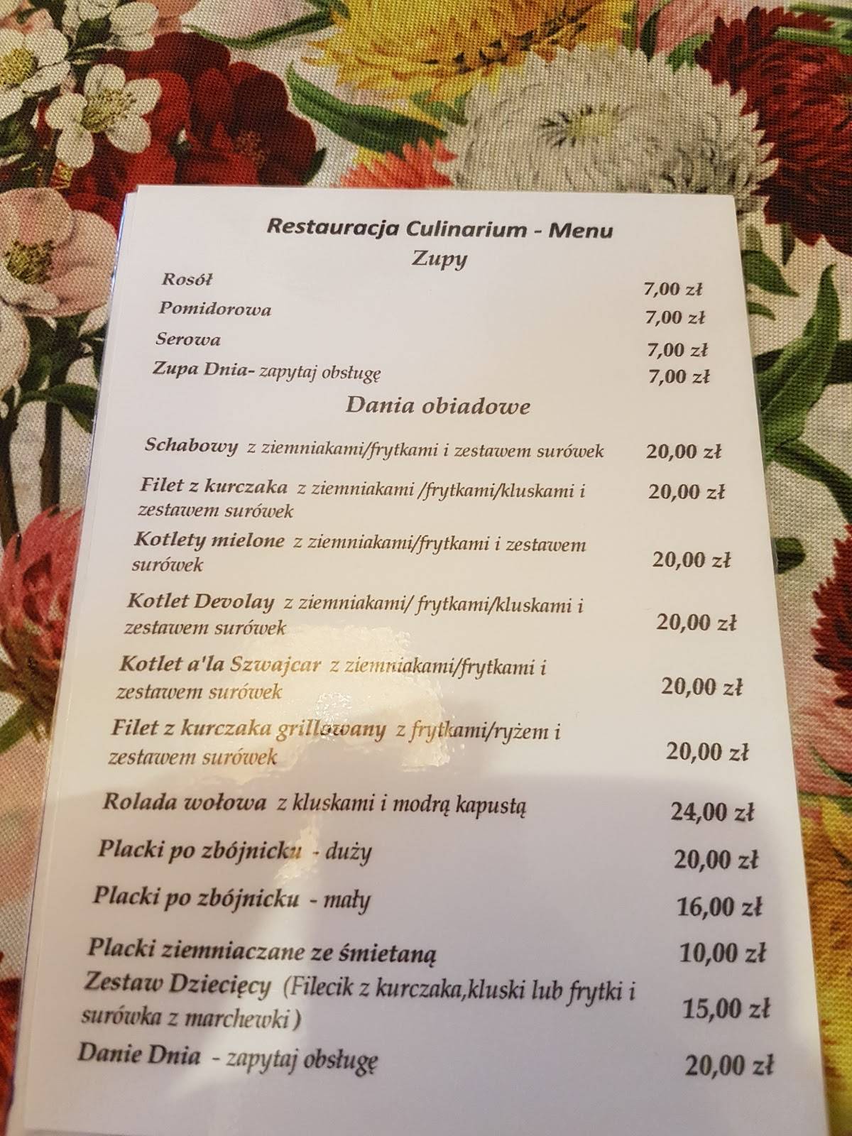 Menu at Culinarium restaurant, Tychy