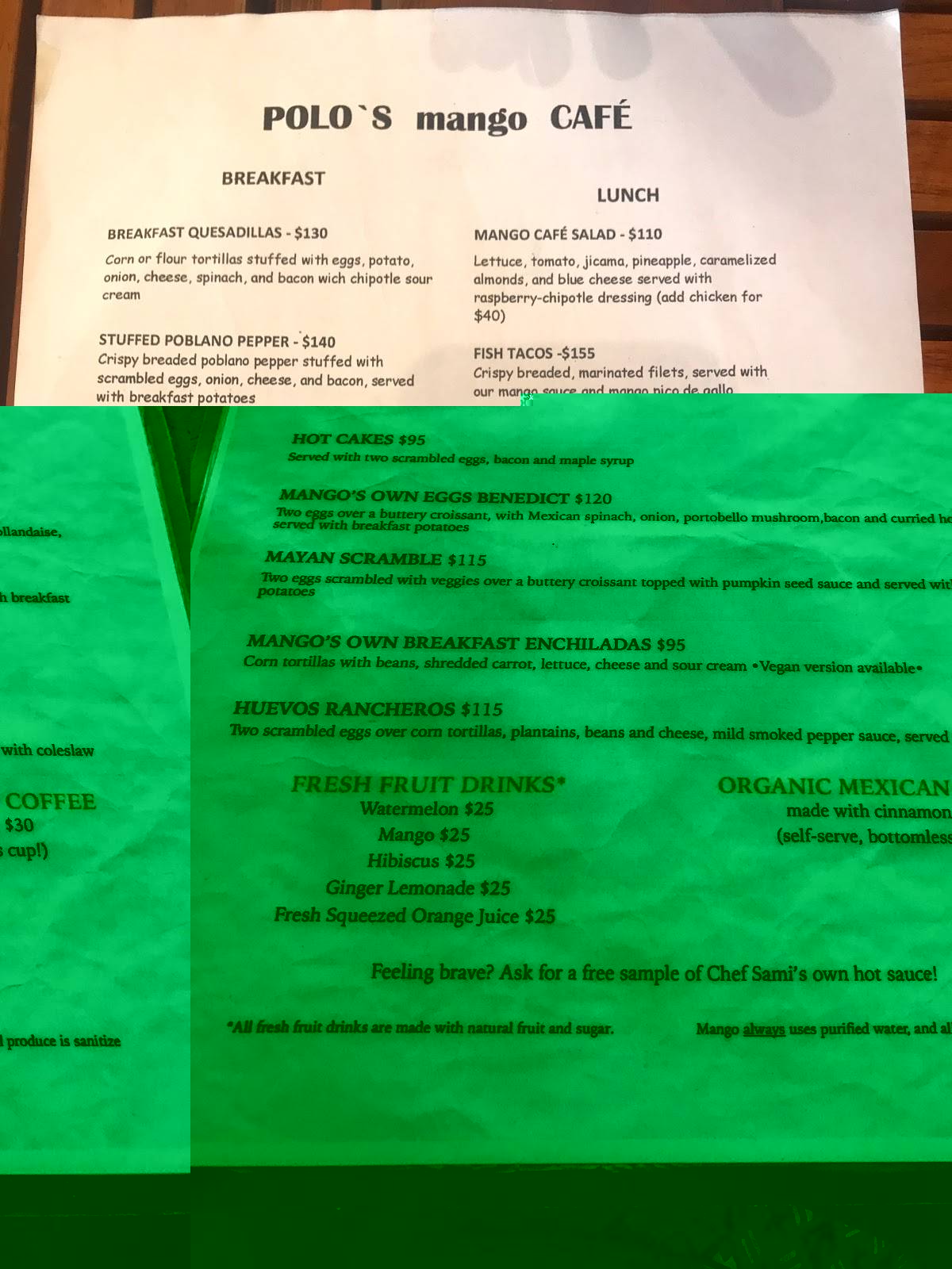 Menu at Mango Cafe, Isla Mujeres