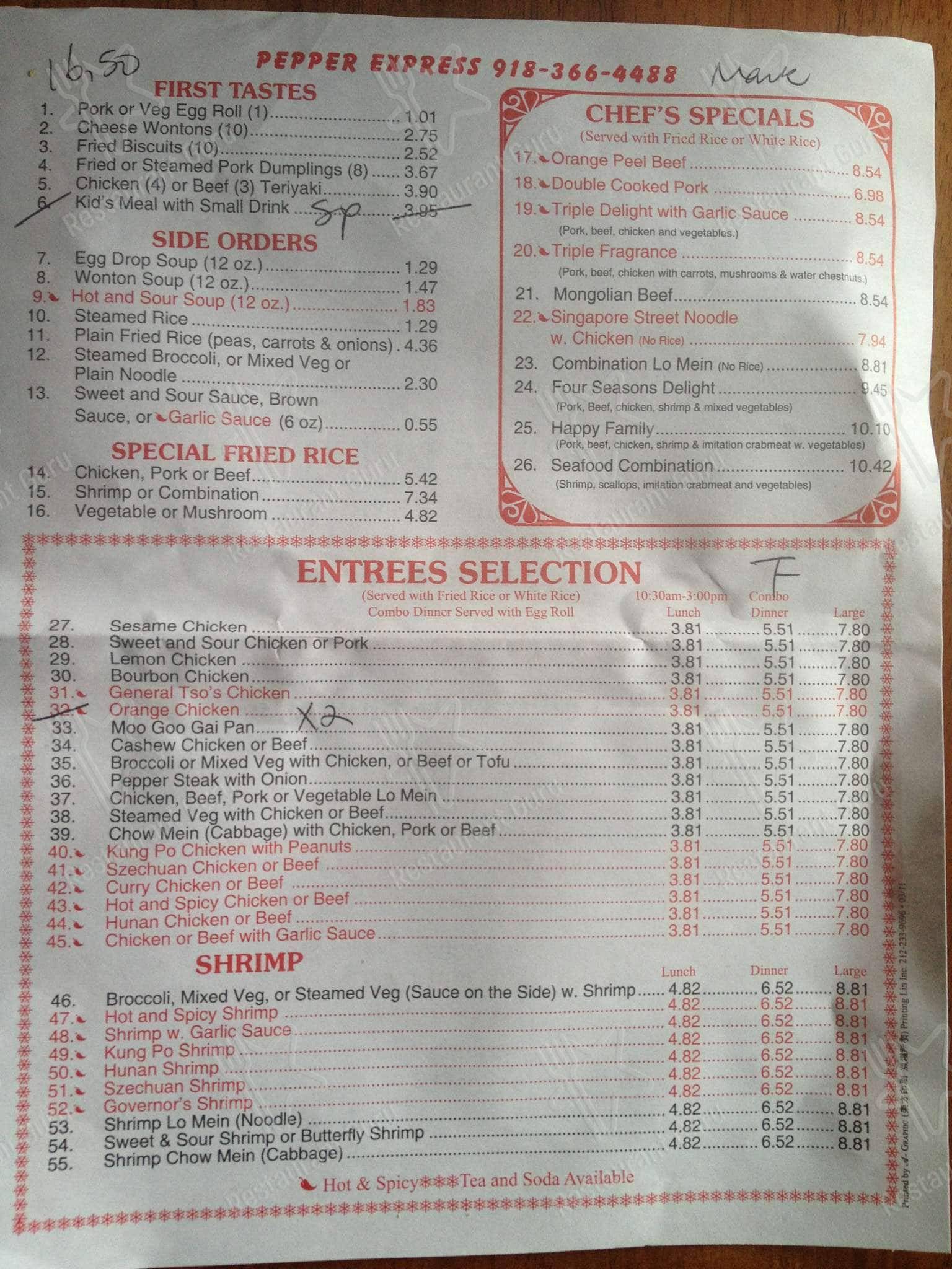 Menu at Pepper Express Inc restaurant, Bixby, 103 W Breckenridge Ave