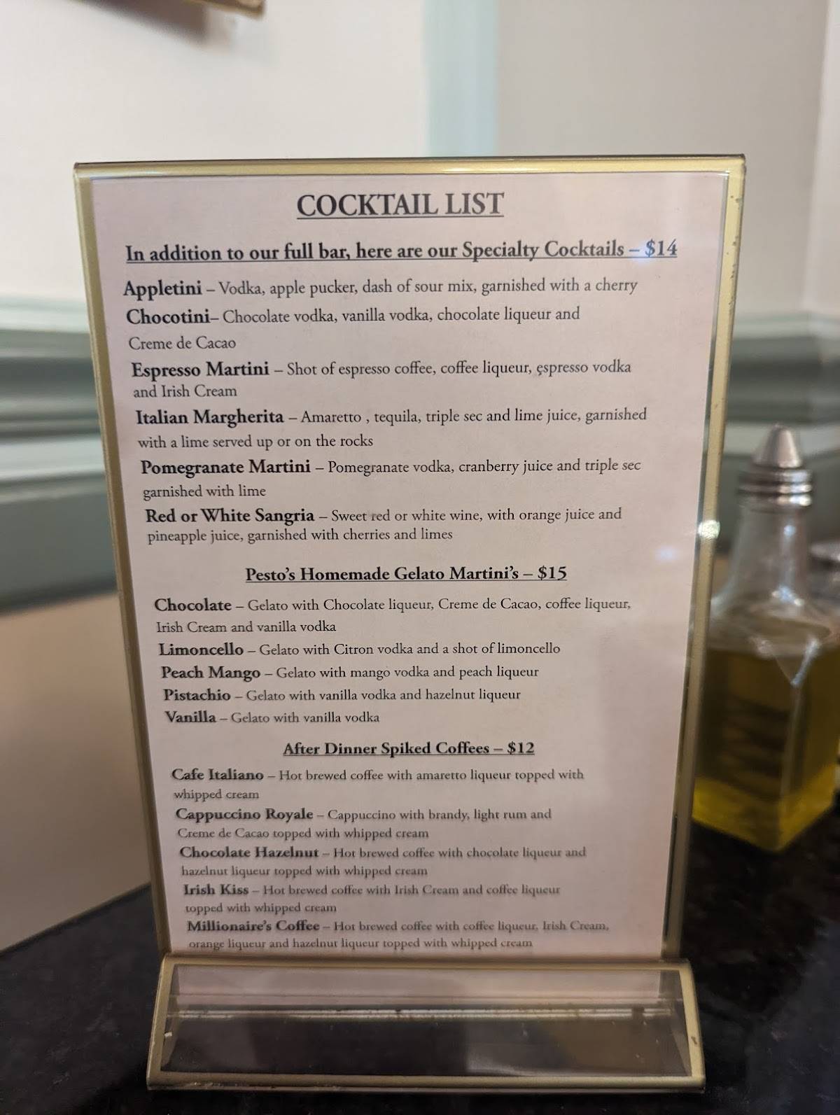 Menu at Ristorante Pesto restaurant, Philadelphia, S Broad St