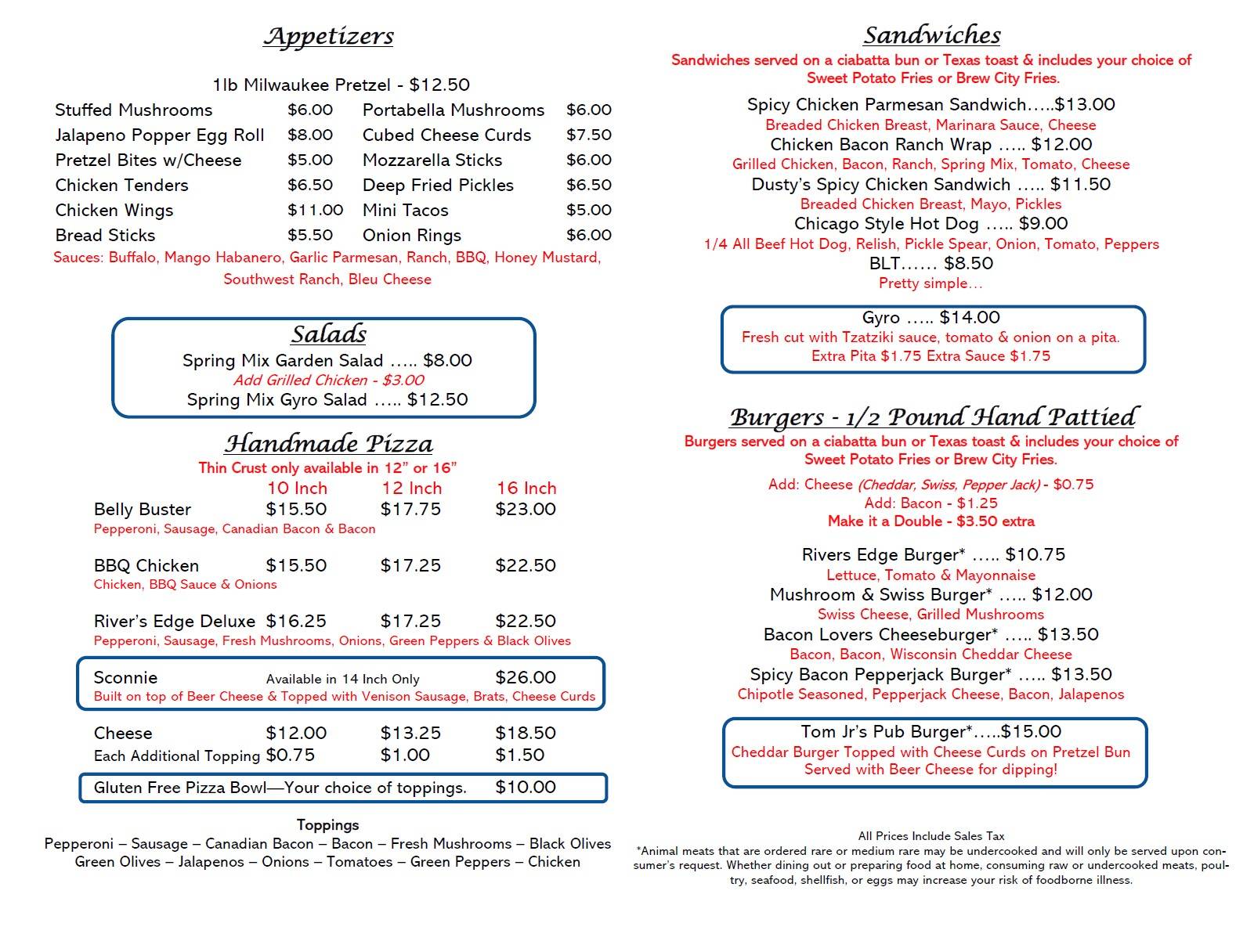 Menu at Rivers Edge Saloon & Eatery pub & bar, Montello