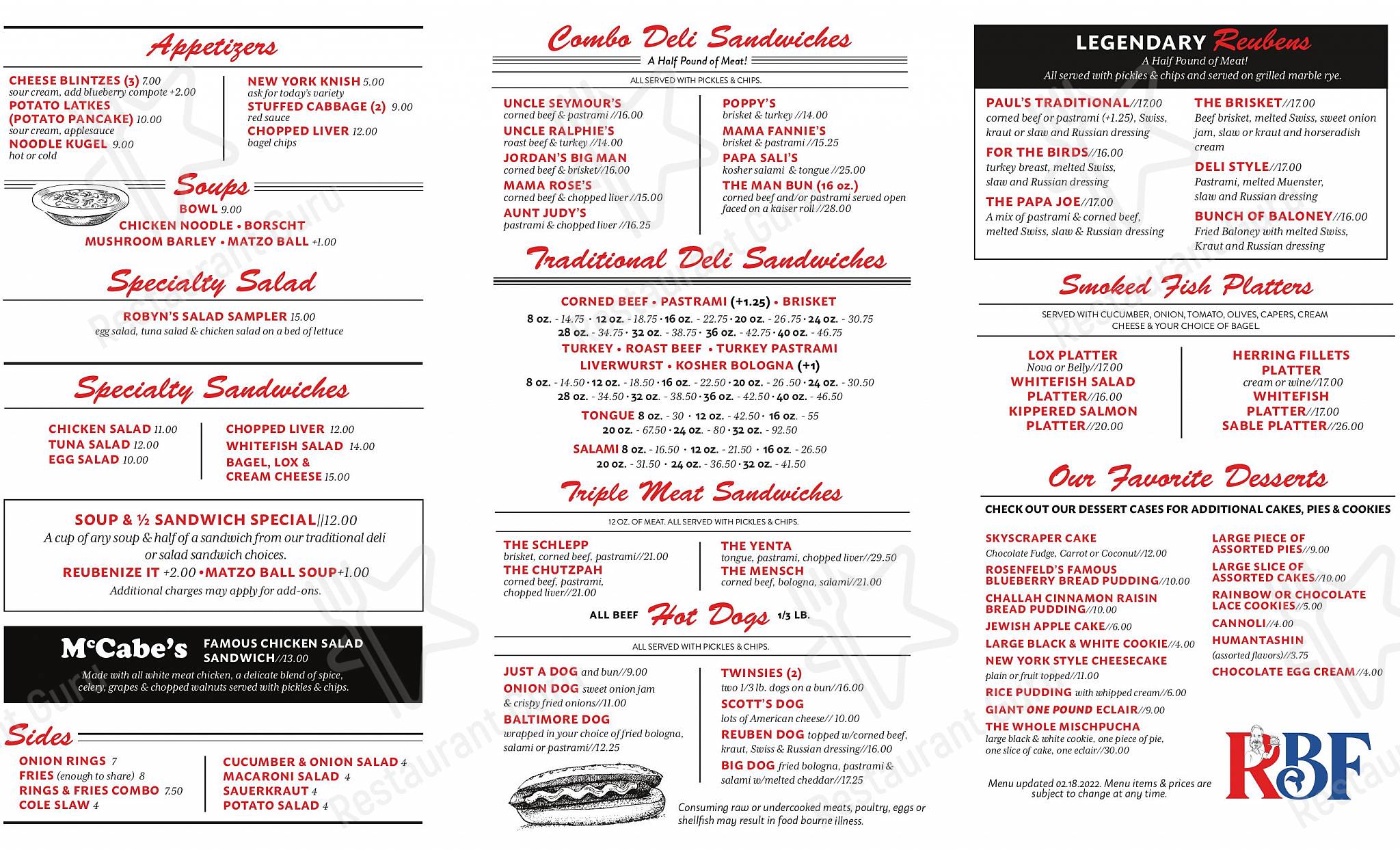 Menu at Rosenfeld's Jewish Deli restaurant, Bethany Beach