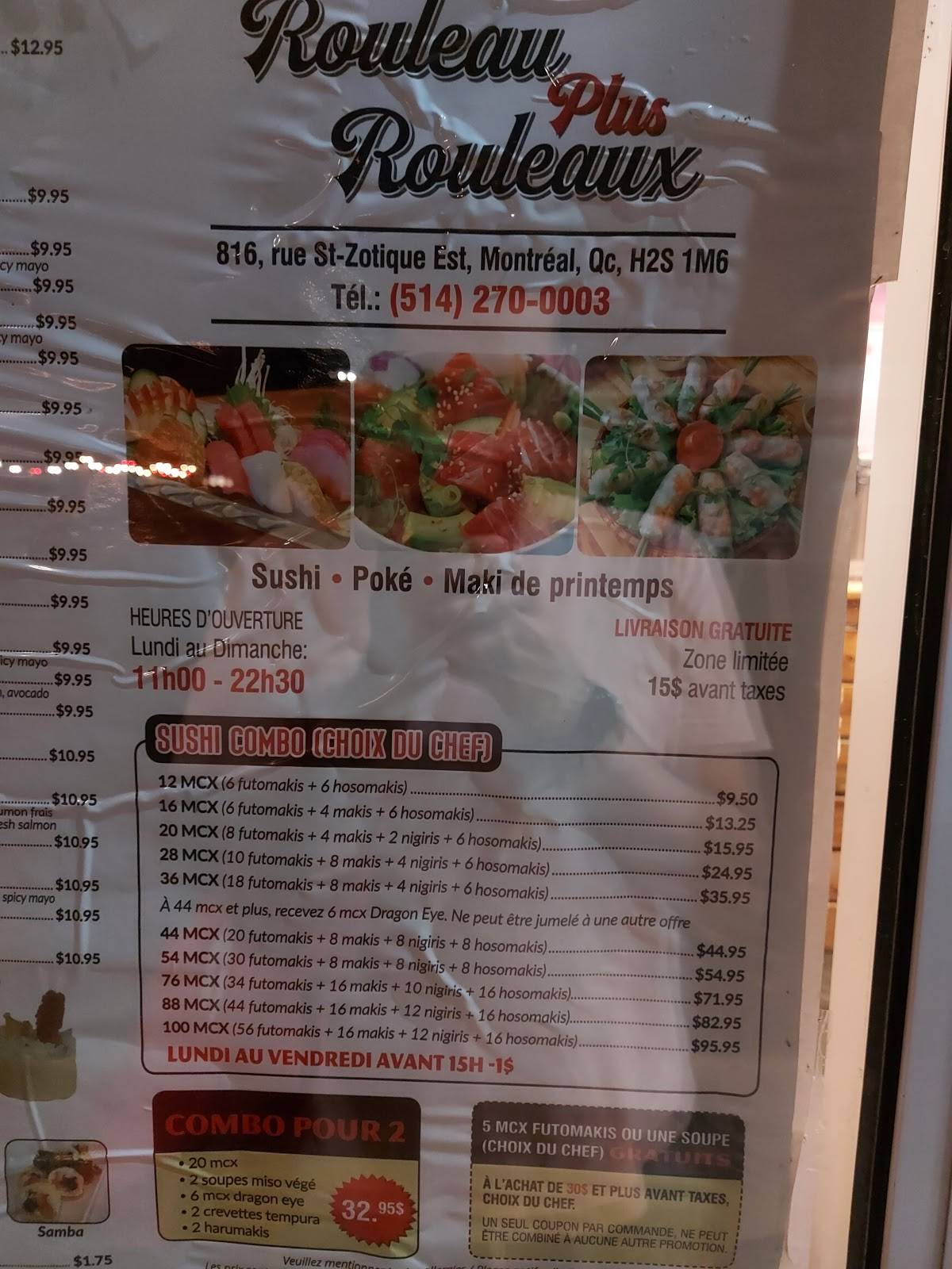 Menu au Rouleau Plus Rouleaux restaurant, Montréal