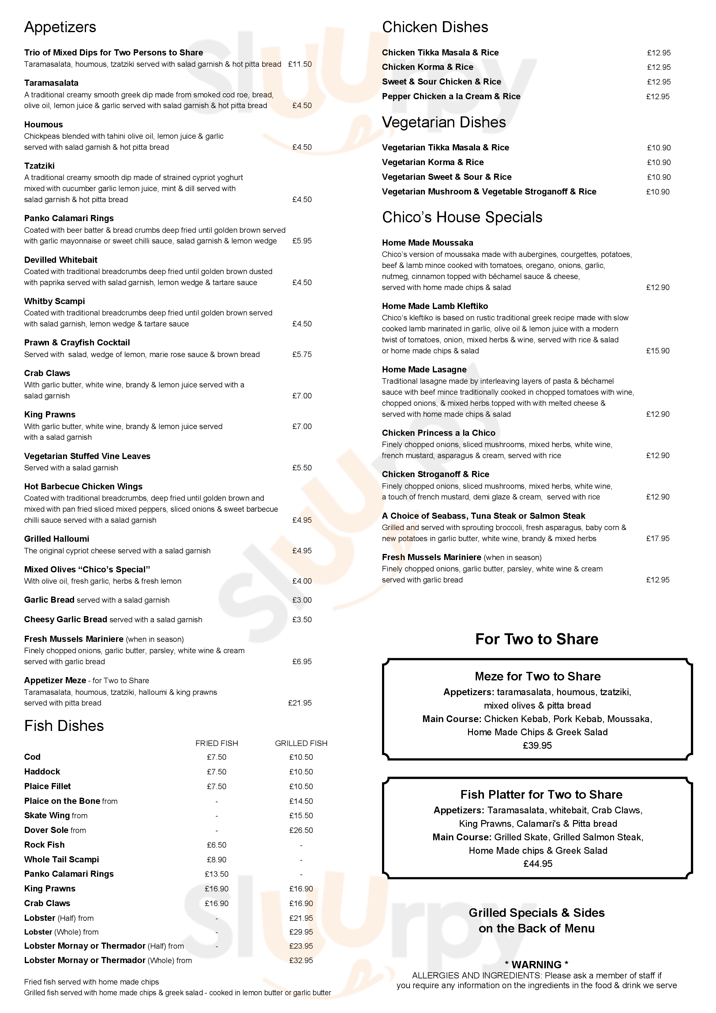 Chico's Restaurant menù, Great Yarmouth Main Menu Sluurpy